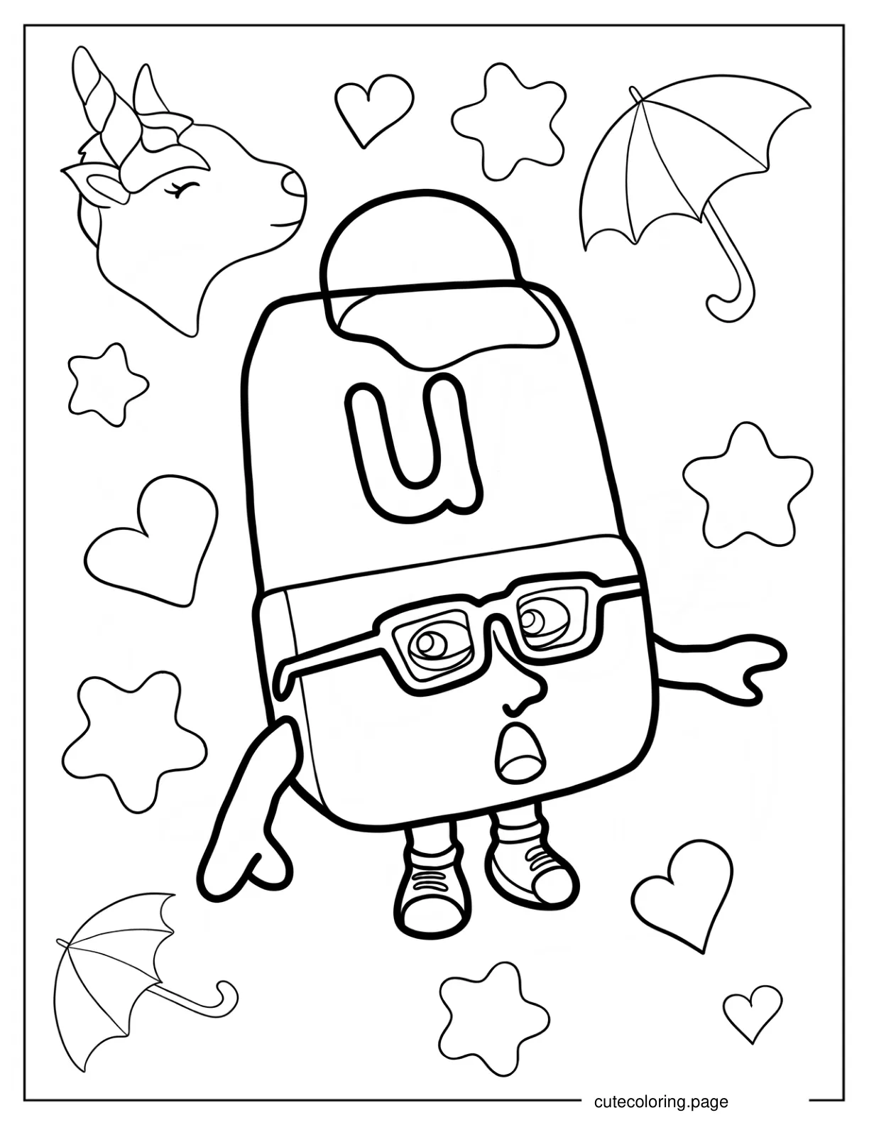 Alphablock U Wearing Glasses And Cap Coloring Page For Kids coloring page