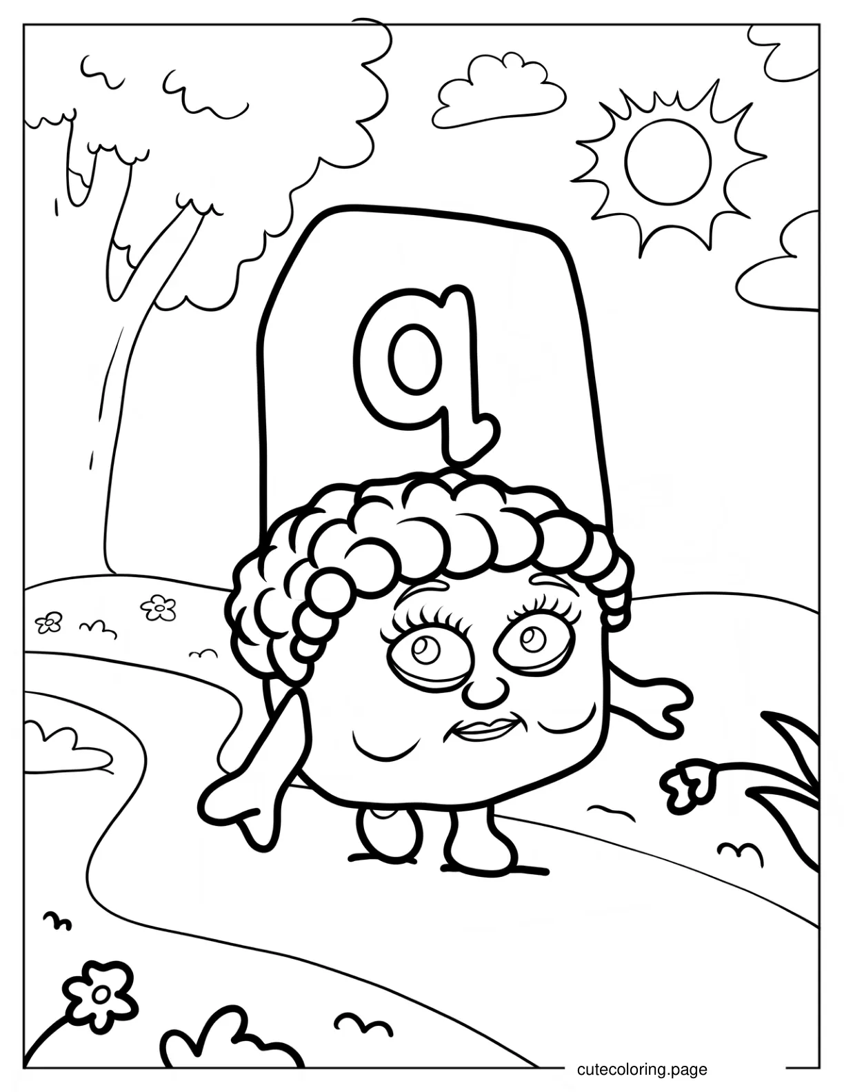 Grandma Alphablock Letter Q Walking Through A Park coloring page