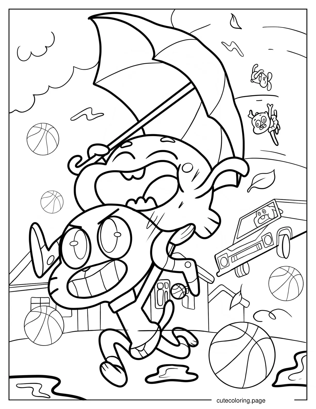 Gumball Carrying Darwin During A Storm Coloring Sheet coloring page