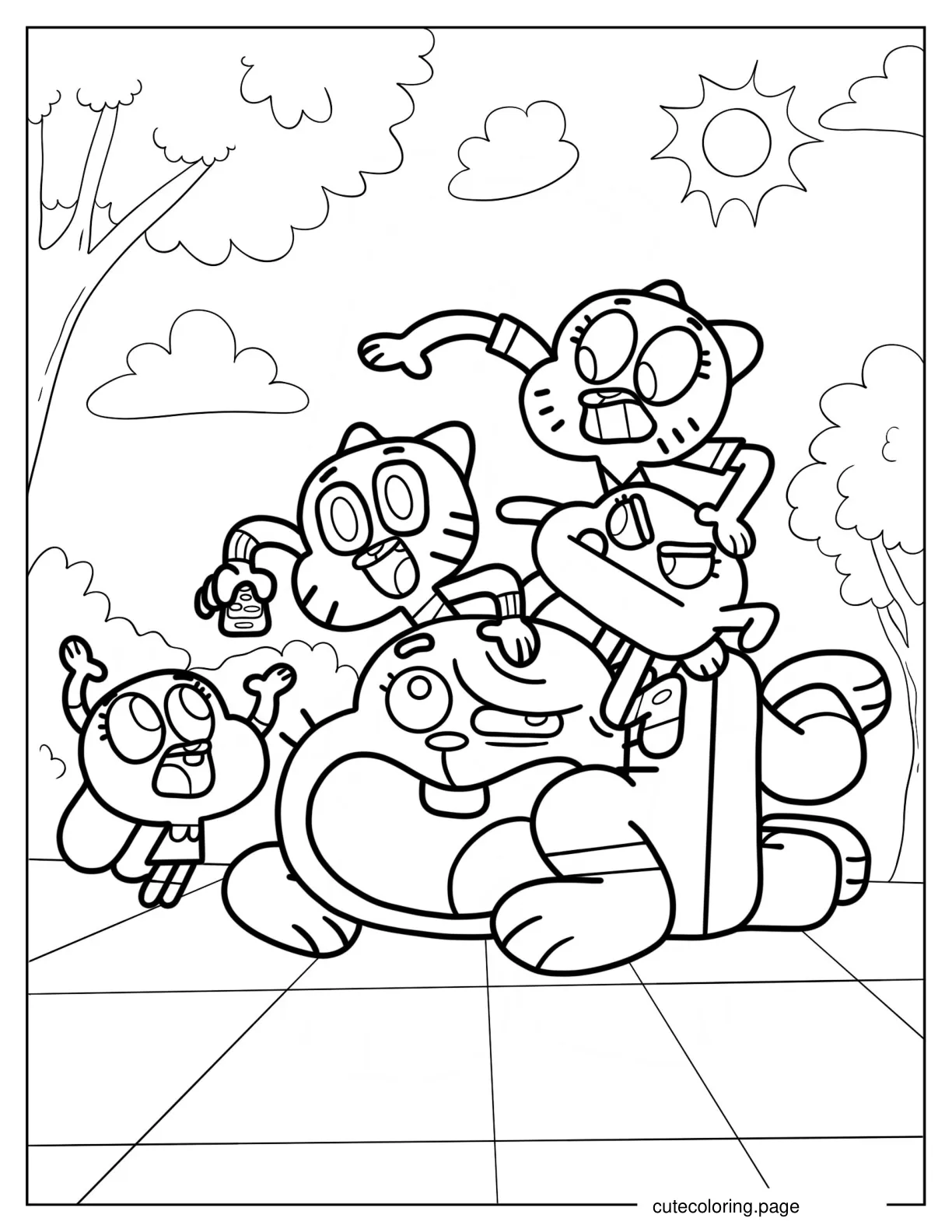 Nicole Darwin Richard Anais And Gumball Fighting Over Remote Control Coloring Sheet coloring page