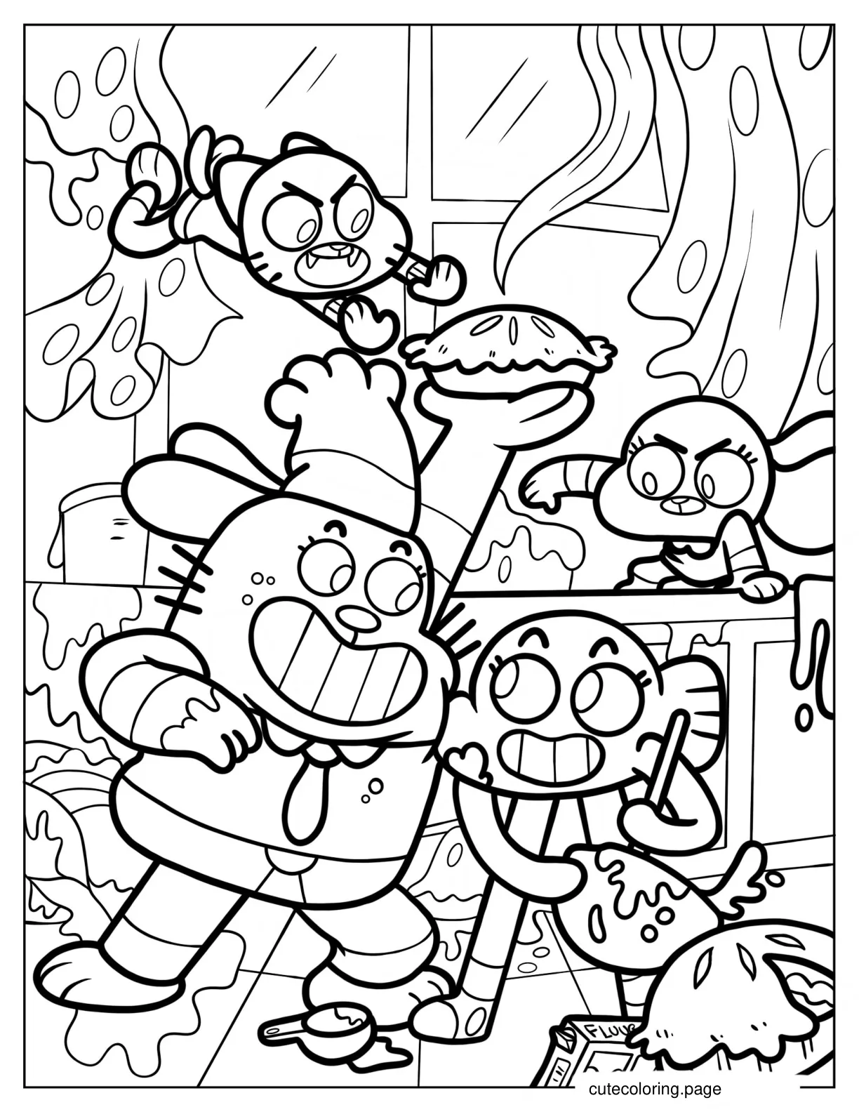 Richard Gumball Darwin And Anais Watterson Fighting Over Pie coloring page