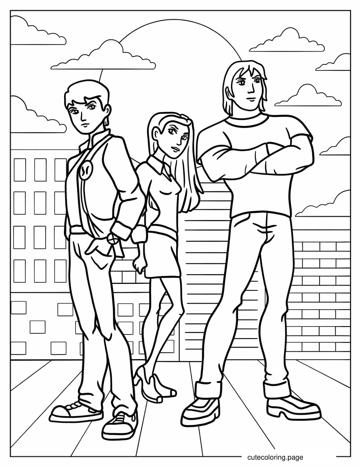 Adult Ben Tennyson With Gwen Tennyson And Kevin Levin coloring page