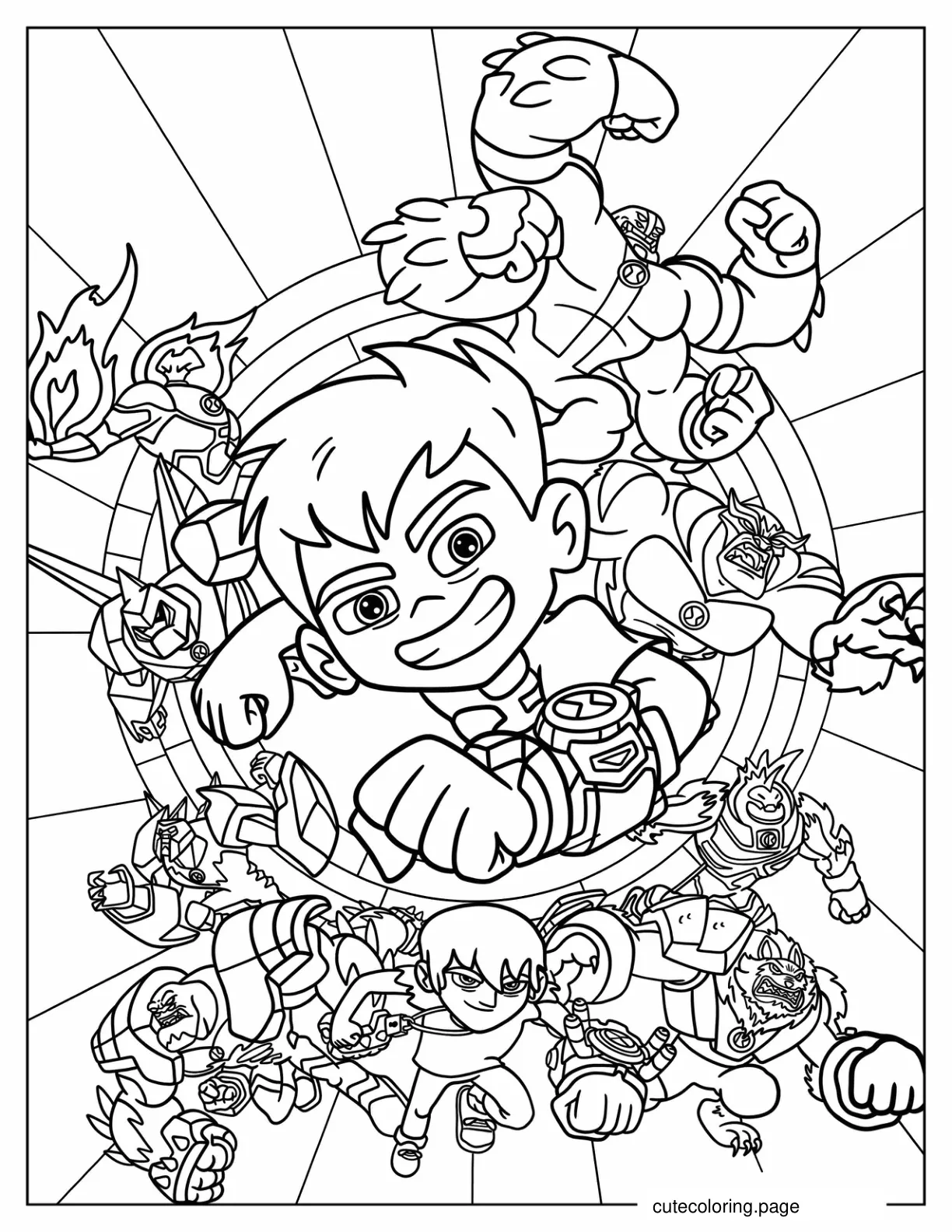 Ben 10 And Kevin Levin With Aliens Coloring Sheet coloring page