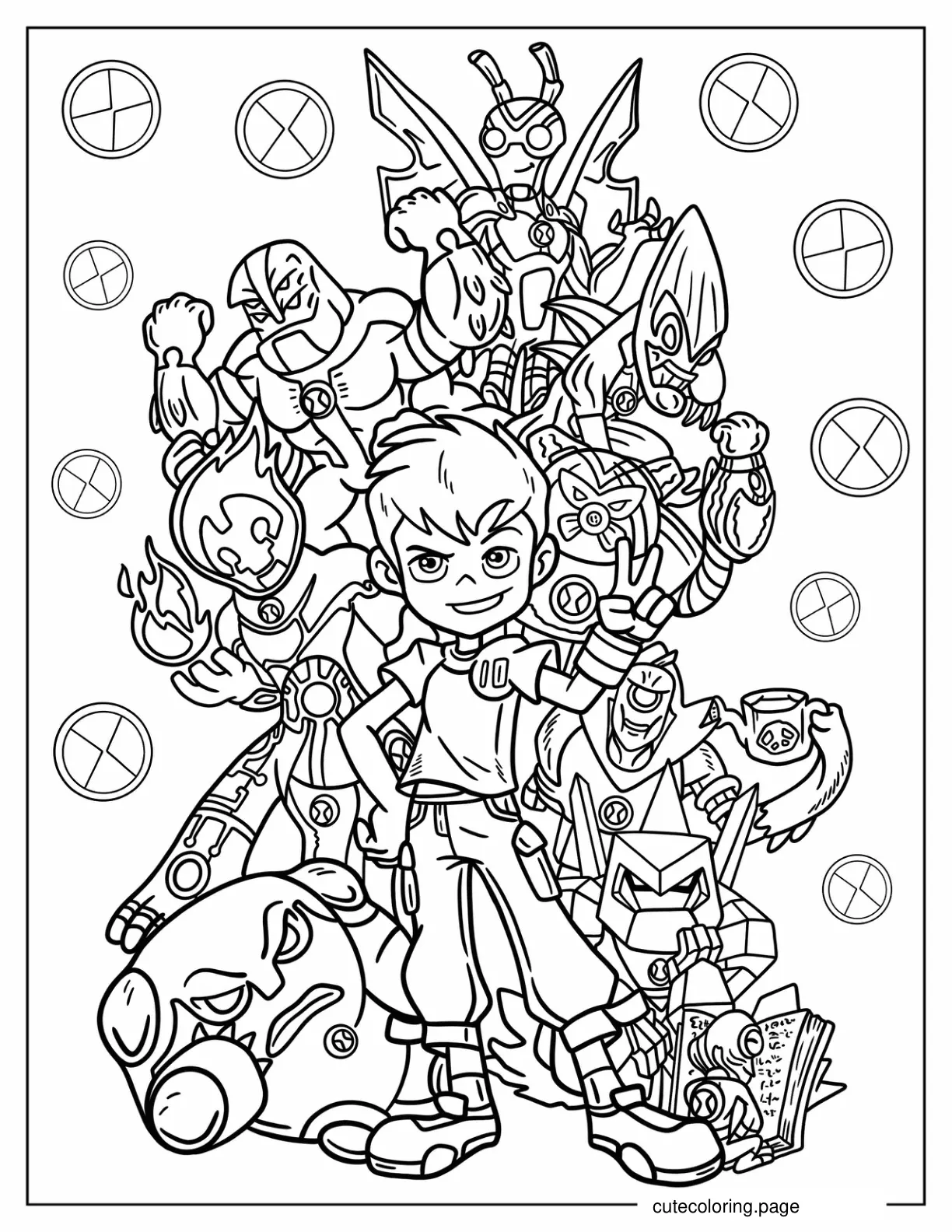 Ben Tennyson With All Ten Aliens Coloring Page coloring page