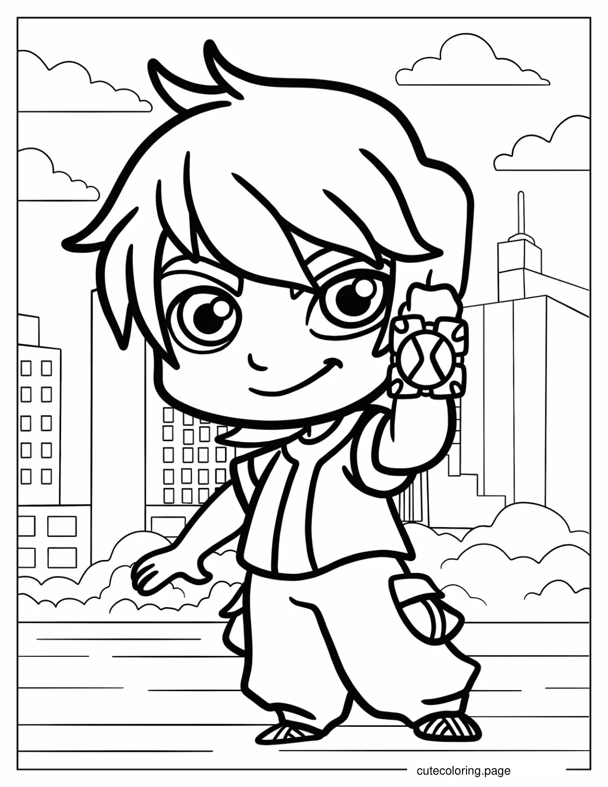 Kawaii Ben Ten Holding Up Omnitrix Coloring Sheet For Preschoolers coloring page