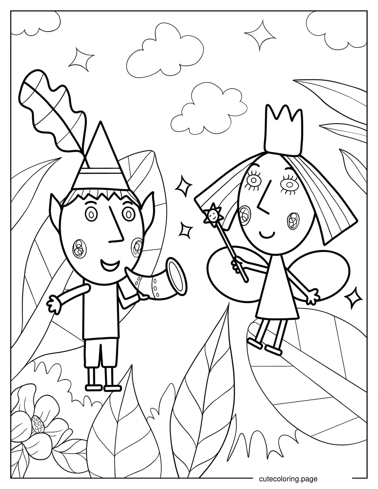 Ben And Holly Flying With Wand And Blowing Horn coloring page