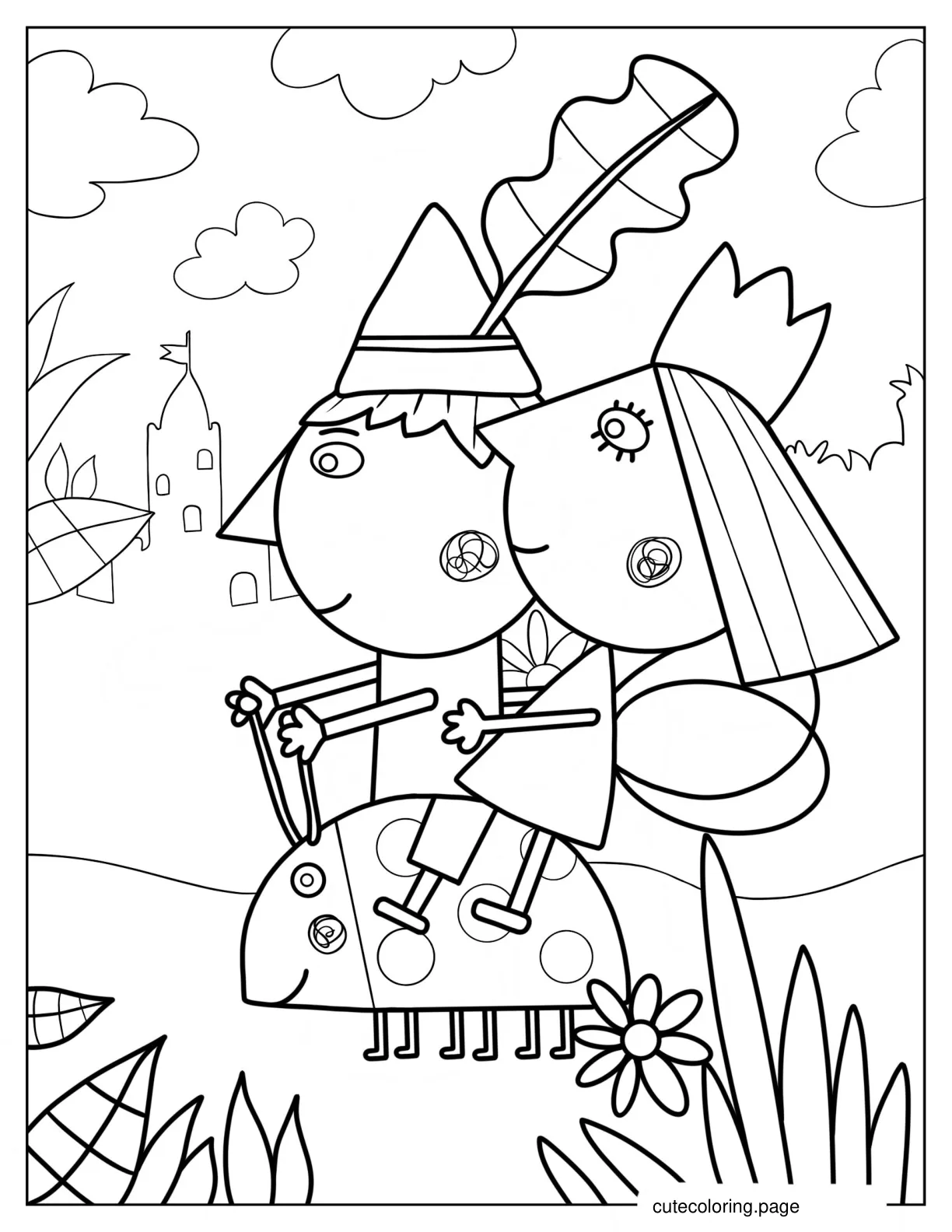 Cute Ben And Holly Riding On Gaston coloring page