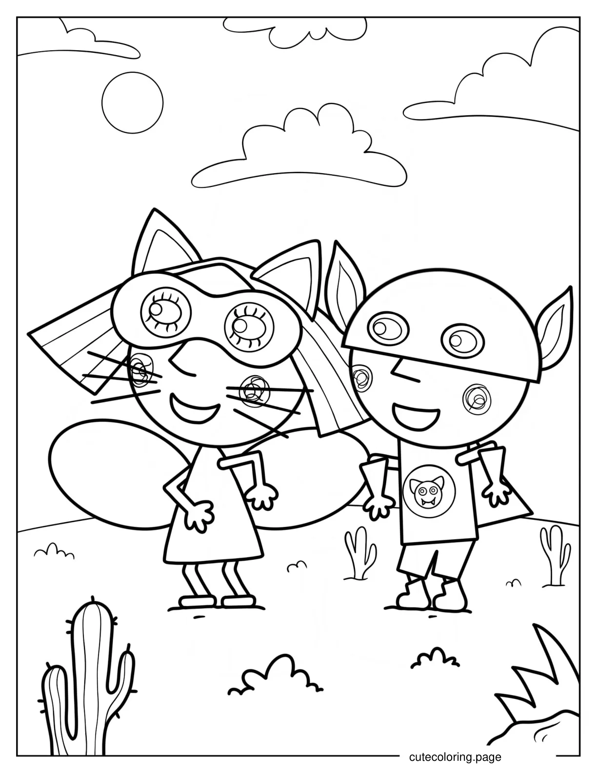 Kawaii Ben And Holly Wearing Masks And Cat Ears Coloring Sheet For Kids coloring page