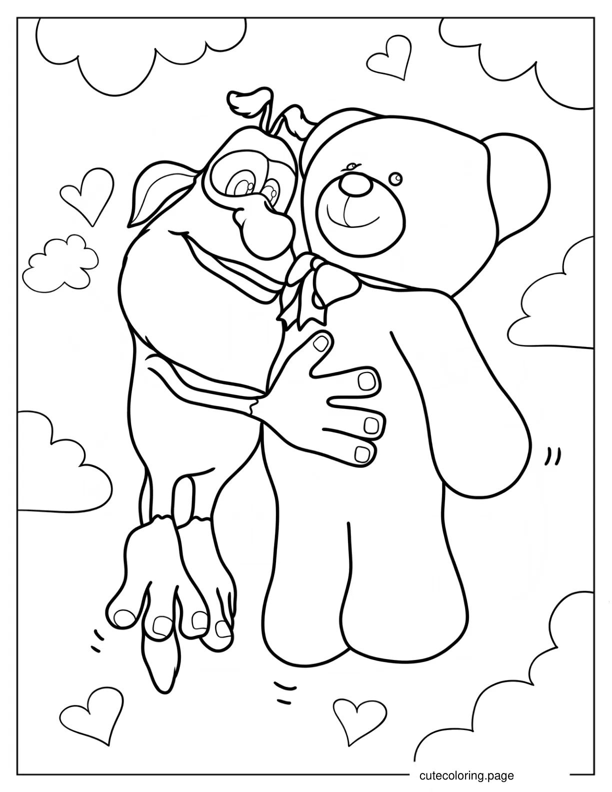 Booba Hugging A Teddy Bear In The Clouds coloring page