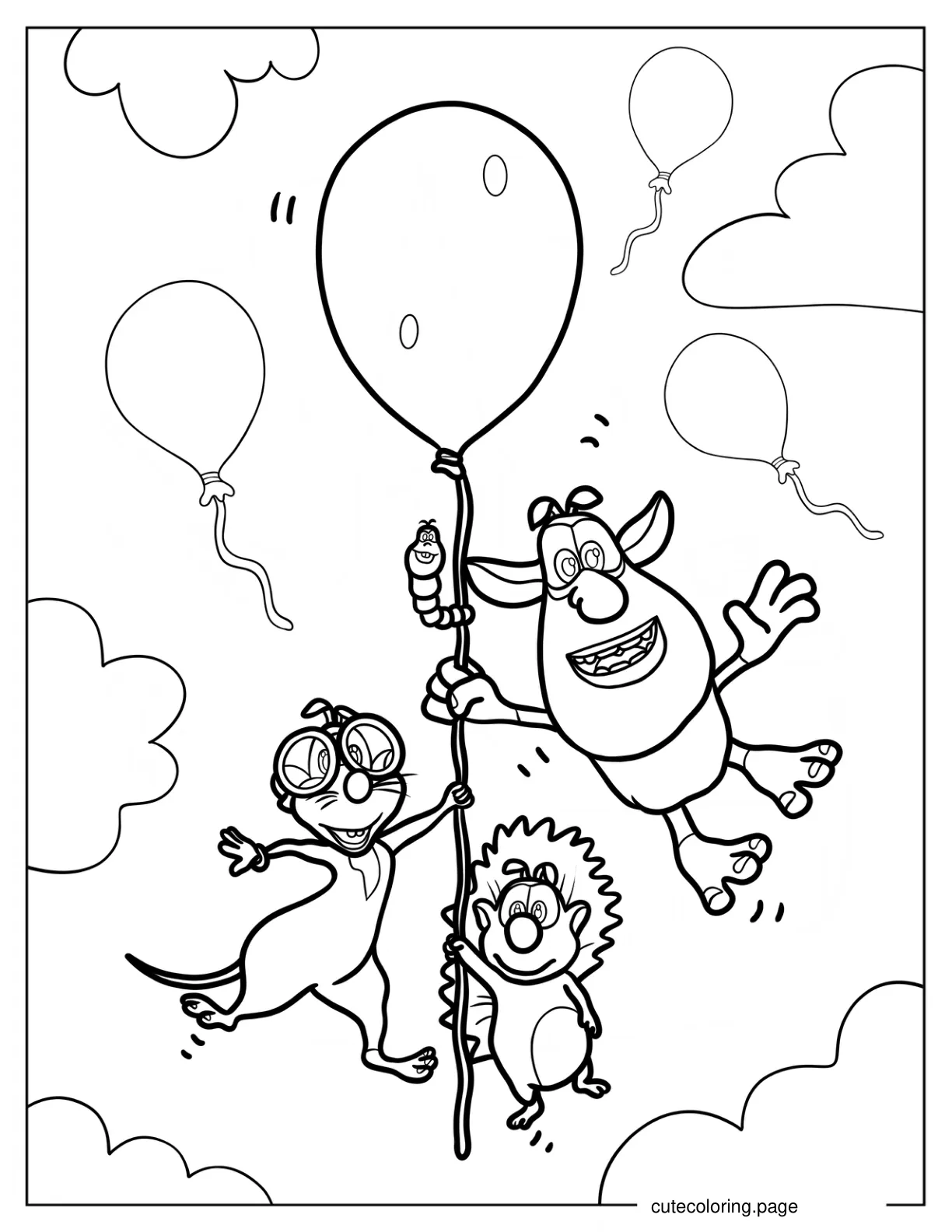 Booba Loola Dooda And Spike Holding Onto A Balloon In The Sky Coloring Page coloring page