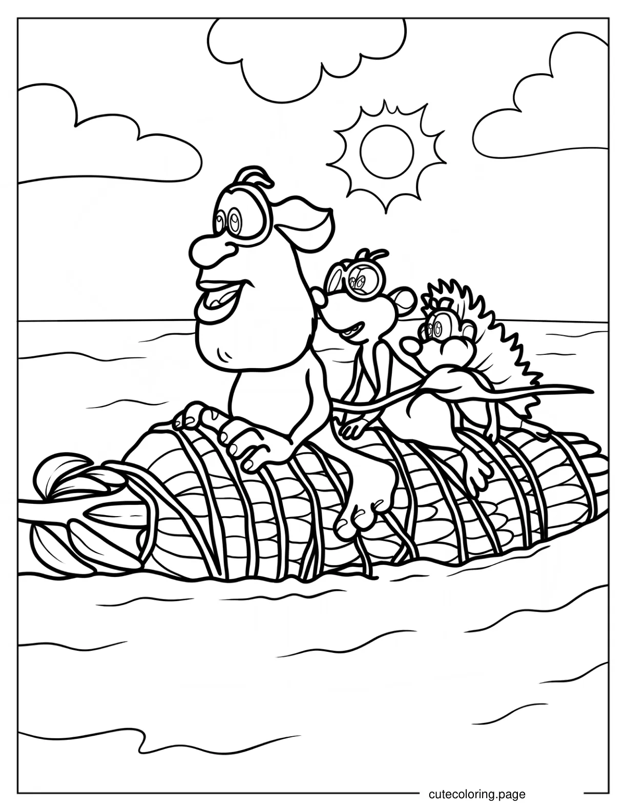 Booba Spike And Loola Riding A Banana Tree On The Sea coloring page