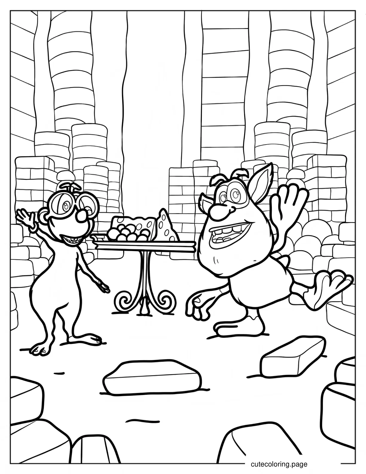 Loola And Booba With Grapes And Cheese On Table Coloring Page coloring page