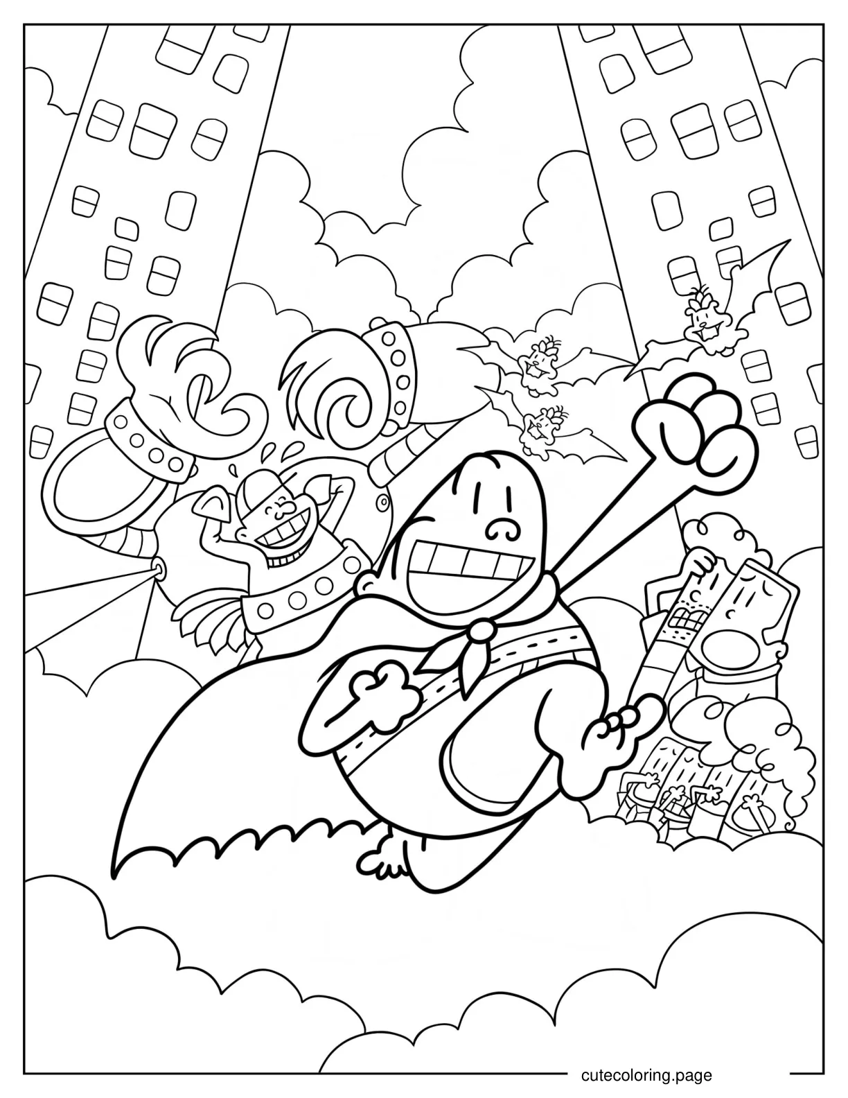 Captain Underpants Fighting Bad Guys In The City Coloring Sheet coloring page