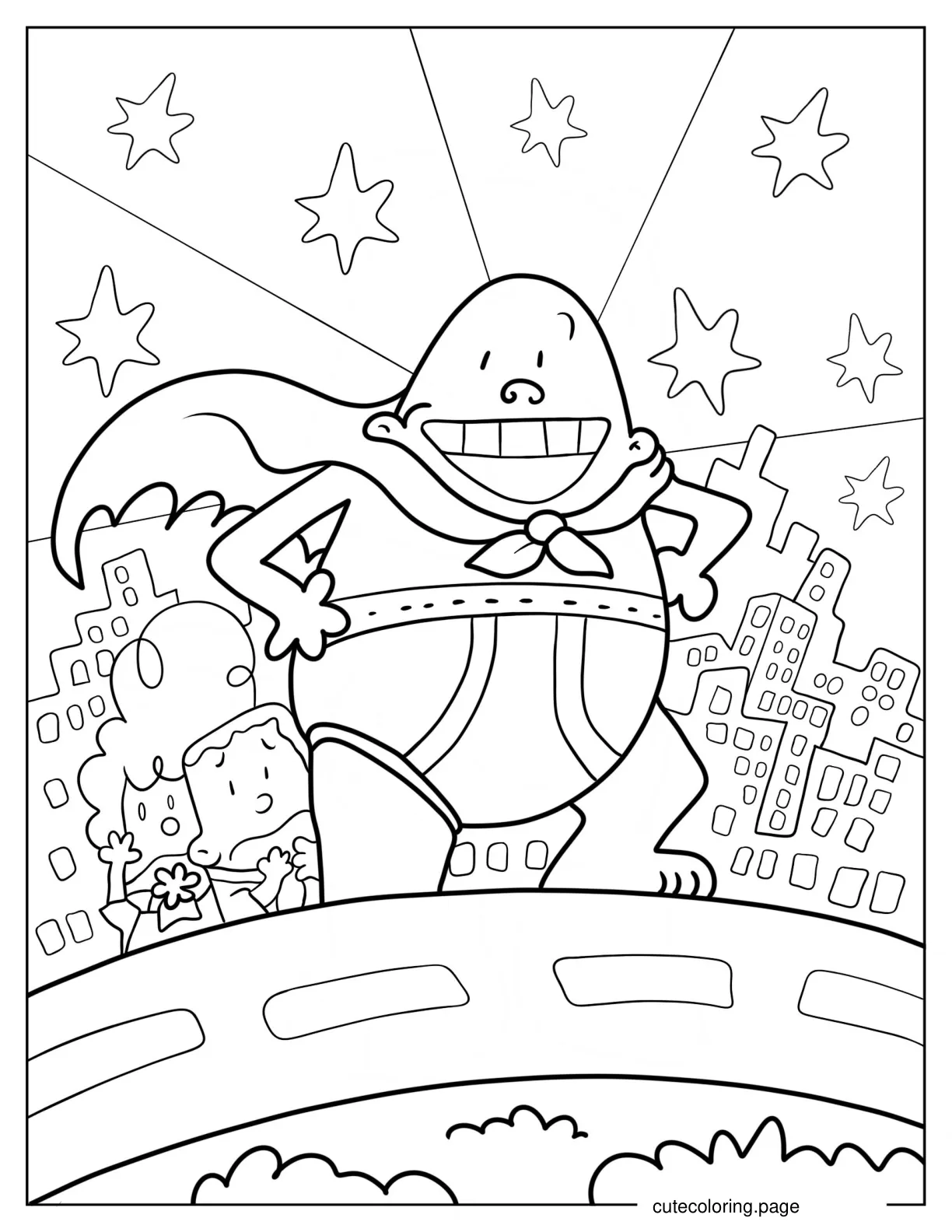 George And Harold Looking Worried Behind A Smiling Captain Underpants coloring page