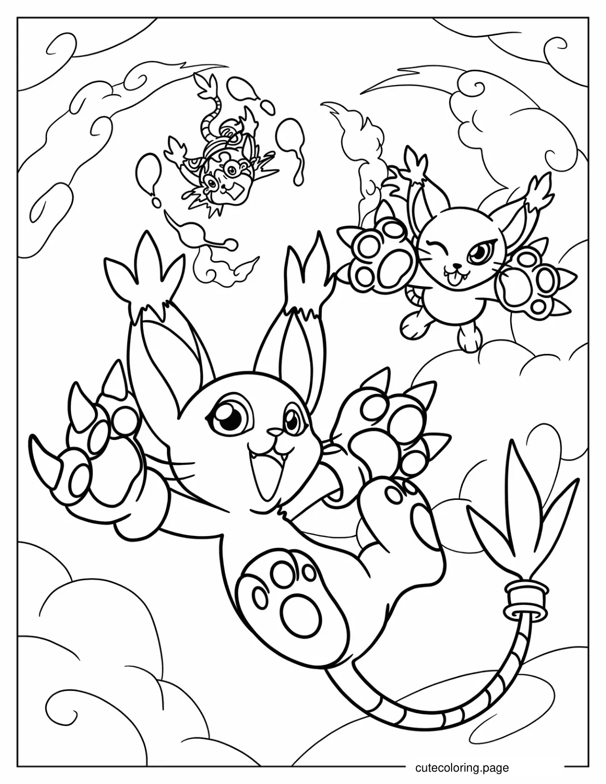 Digimon Tailmon Blacktailmon And Hornetstar Falling From Sky coloring page