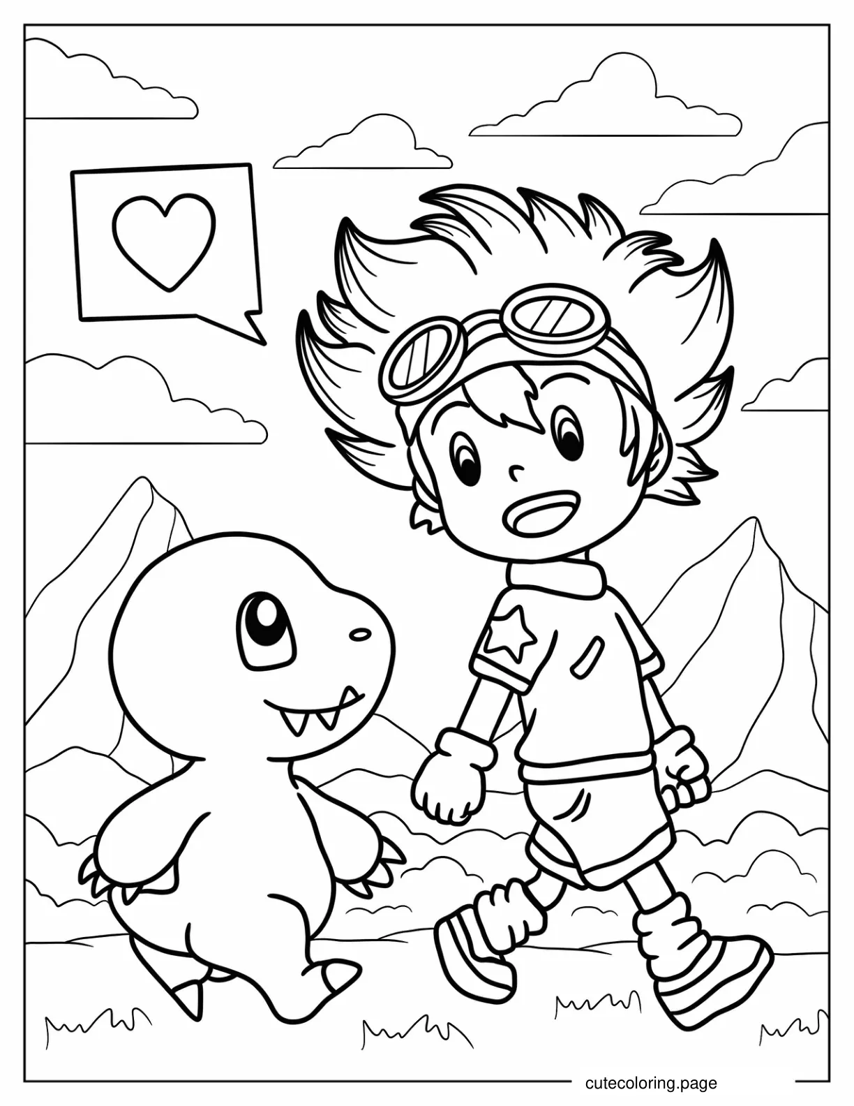 Kawaii Tai Kamiya Walking With Digmon Agumon coloring page