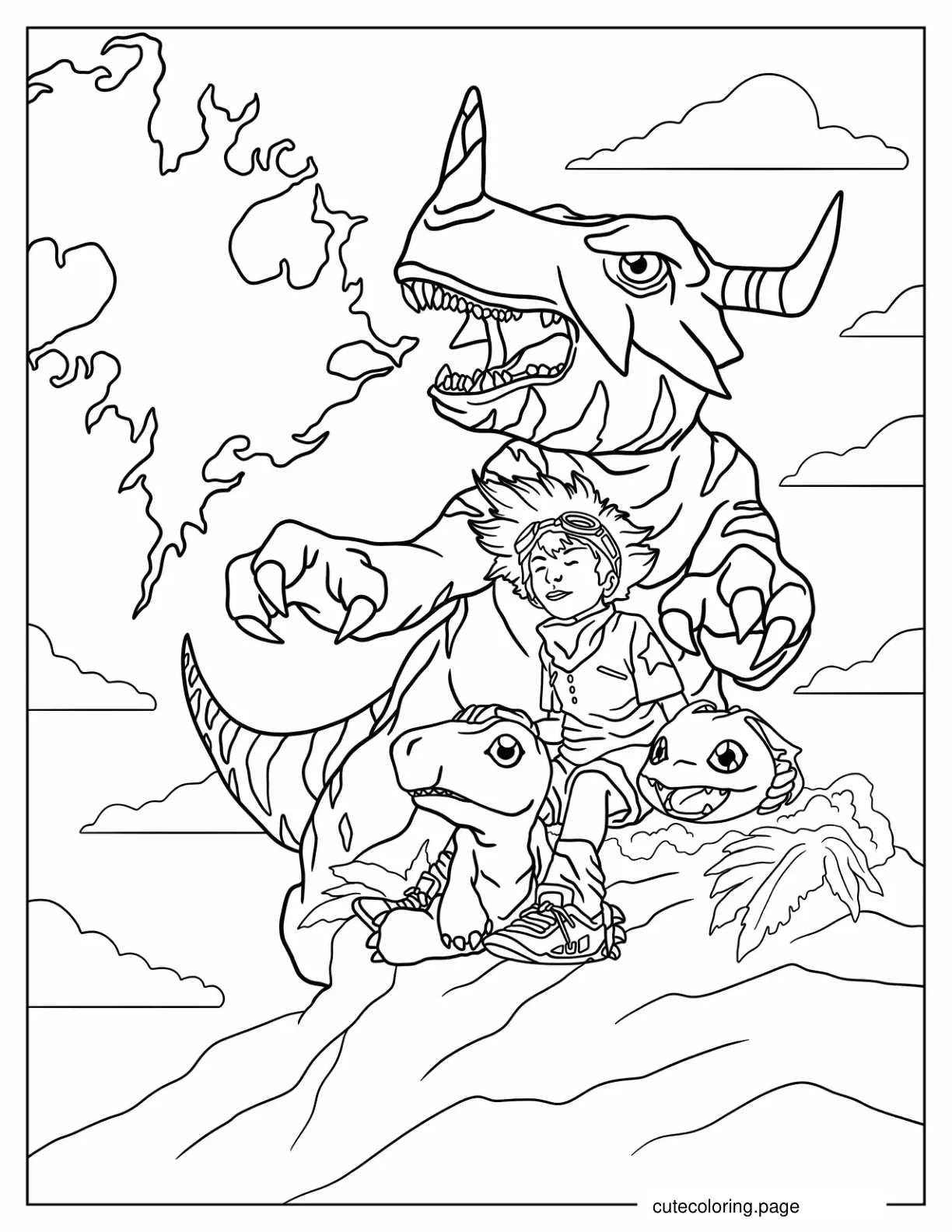 Tai Kamiya With Agumon Greymon And Koromon Coloring Page coloring page