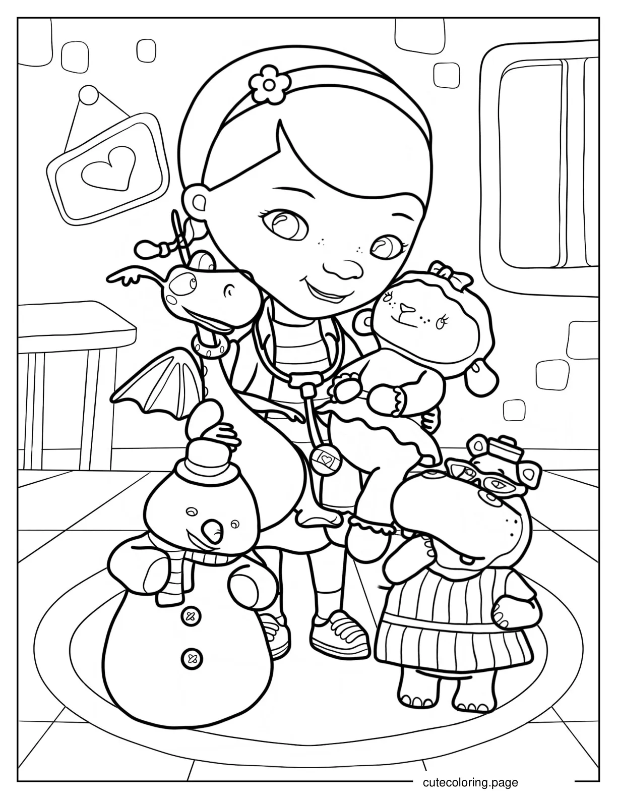 Doc McStuffins Embracing Stuffy Lambie Chilly And Hallie coloring page