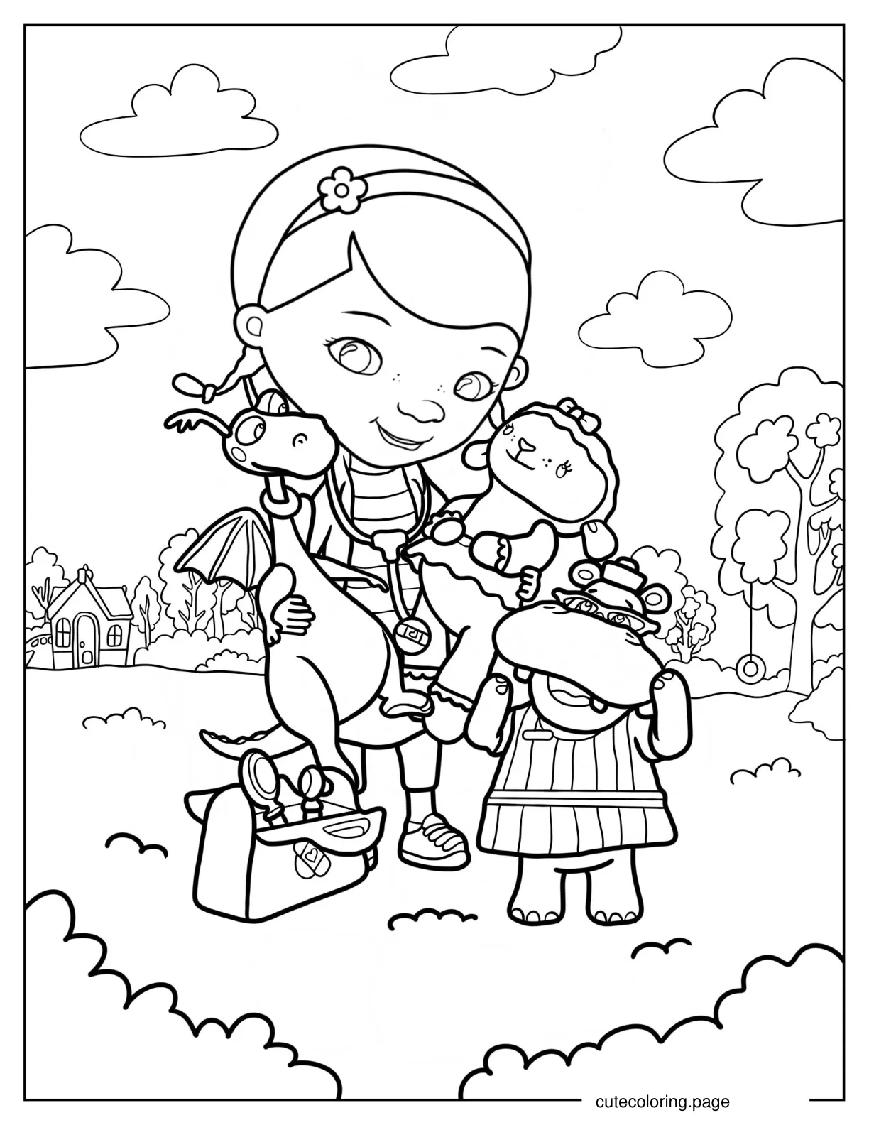 Doc McStuffins Holding Stuffy Lambie And Hallie Coloring Sheet coloring page