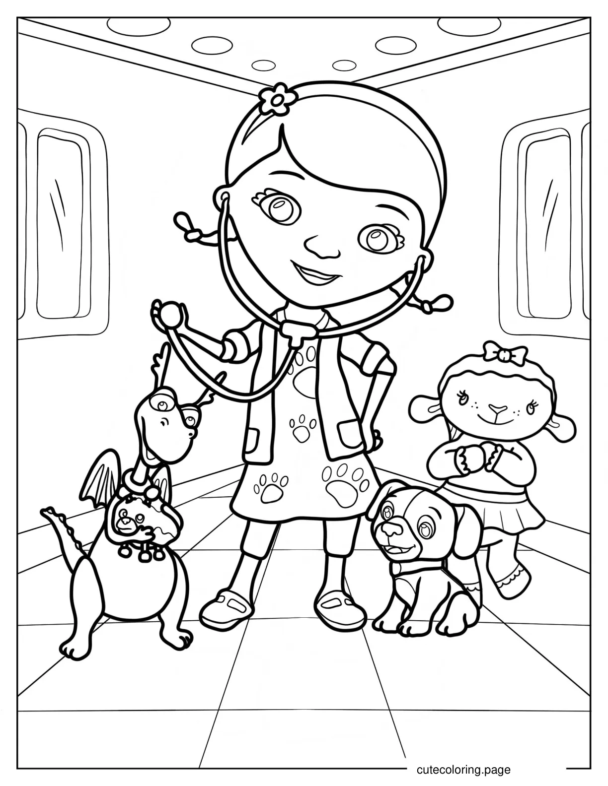 Doc McStuffins In Toy Hospital With Stuffy Findo And Lambie coloring page