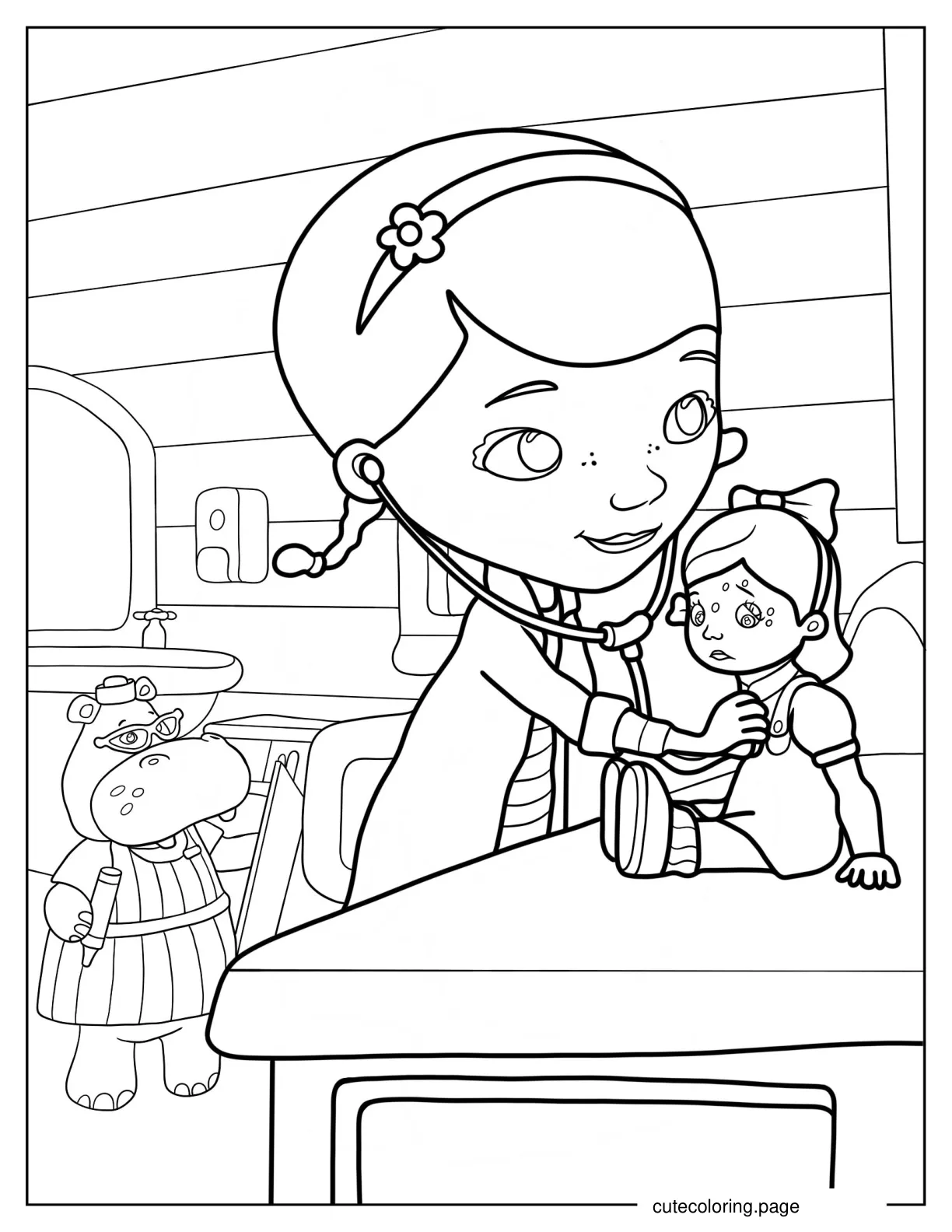 Doc McStuffins Using Stethoscope On Susie Sunshine Coloring Sheet coloring page