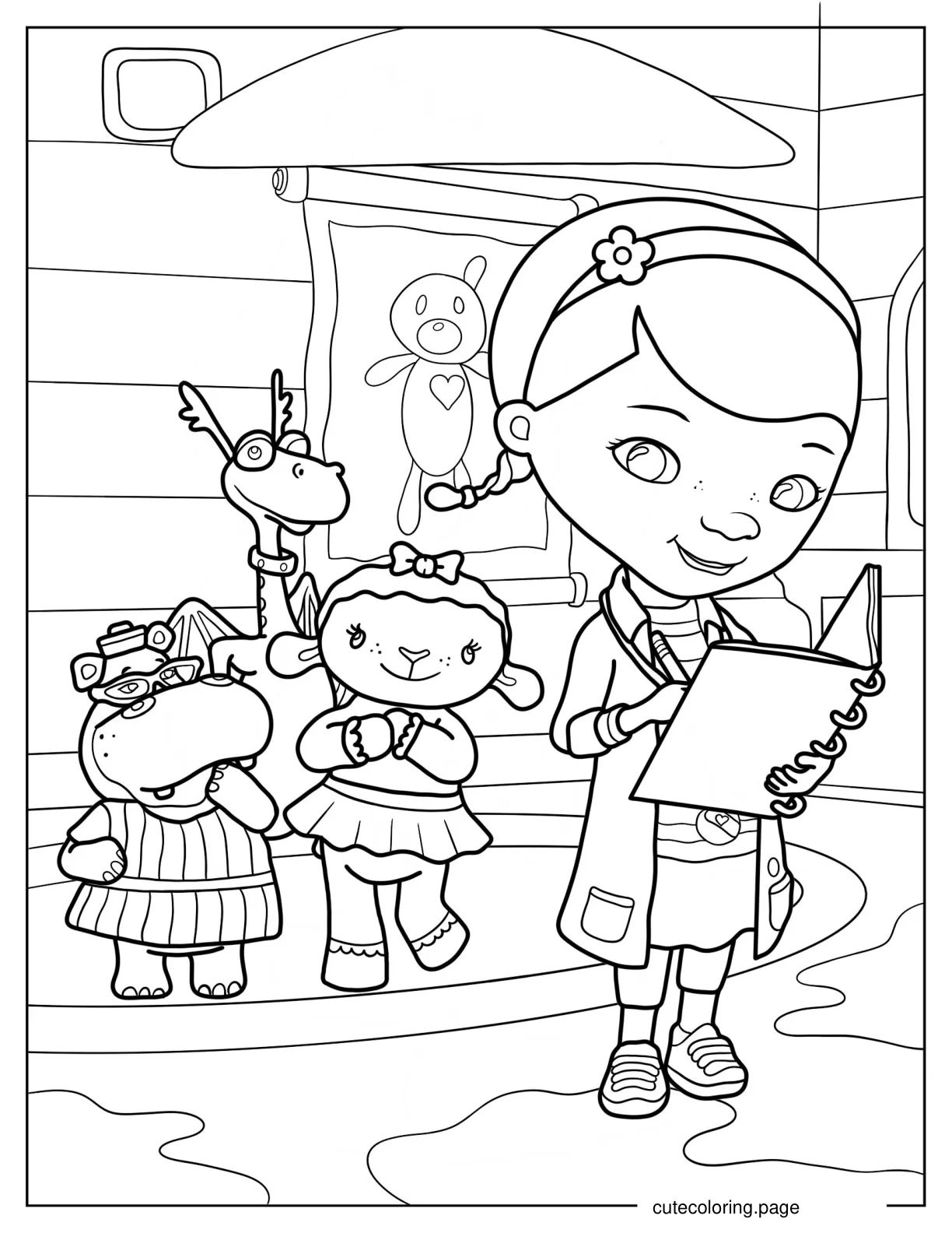 Doc McStuffins With Lambie Hallie And Stuffy In Toy Hospital coloring page