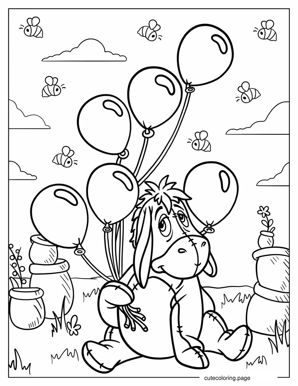 Cute Eeyore Holding Balloons Coloring Sheet coloring page