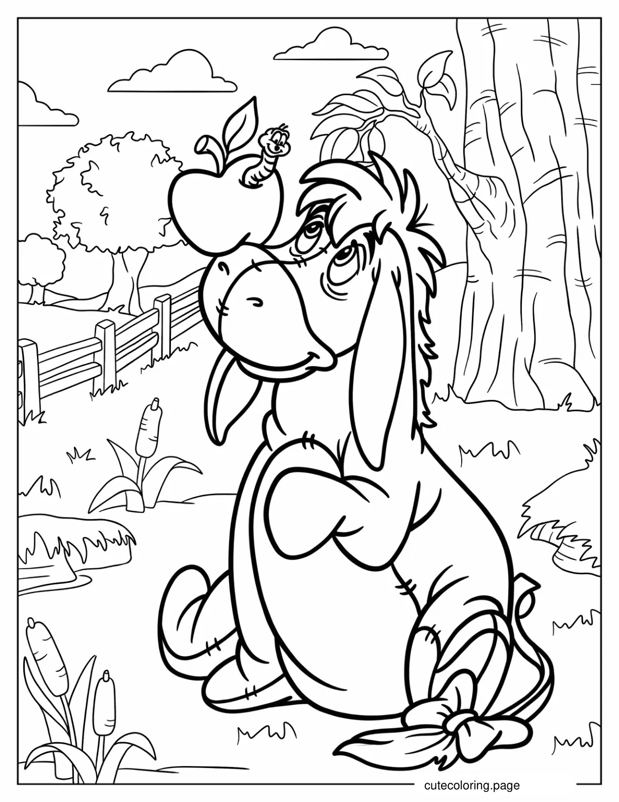 Eeyore Balancing Apple With Worm On His Nose Coloring Page coloring page