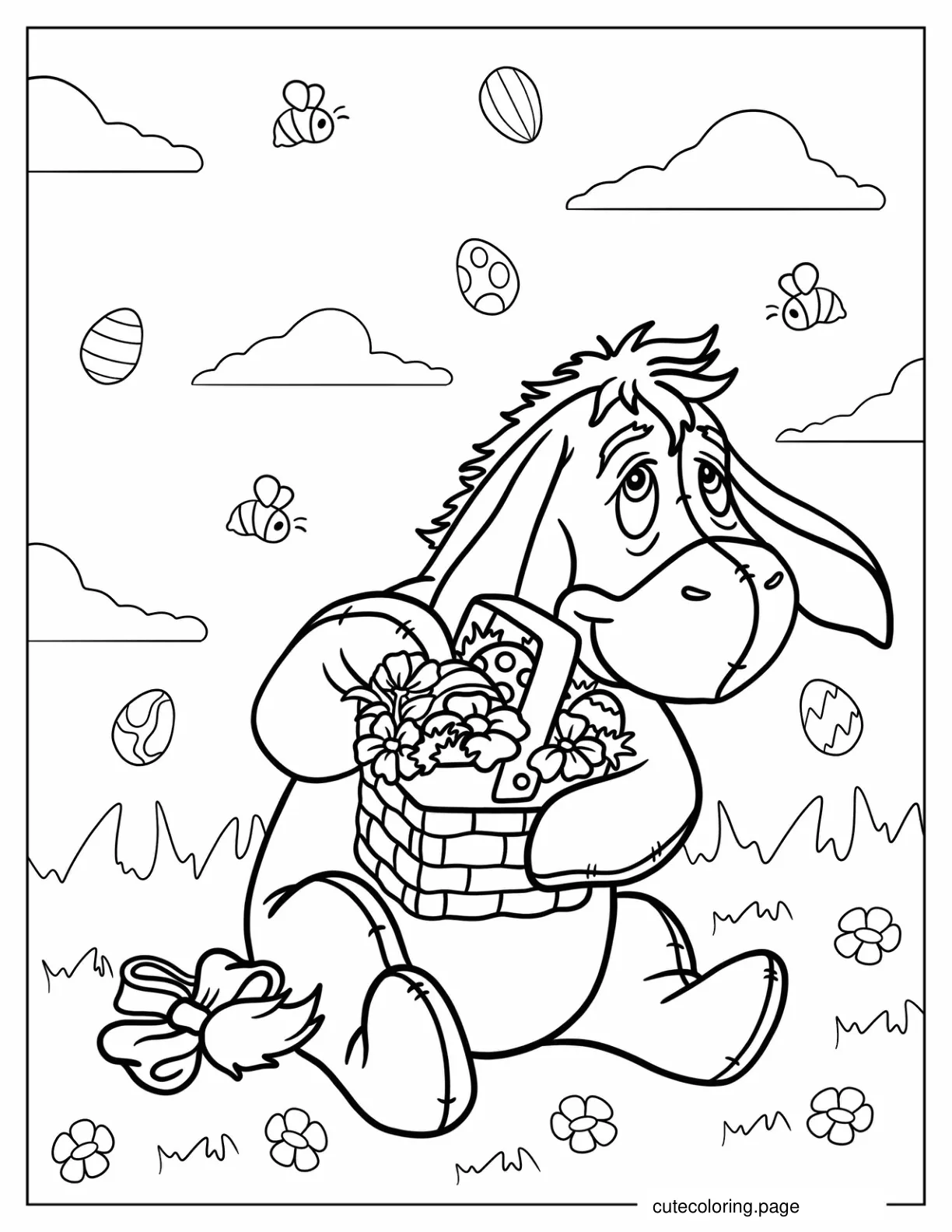 Eeyore Holding Easter Basket With Eggs Coloring Sheet coloring page