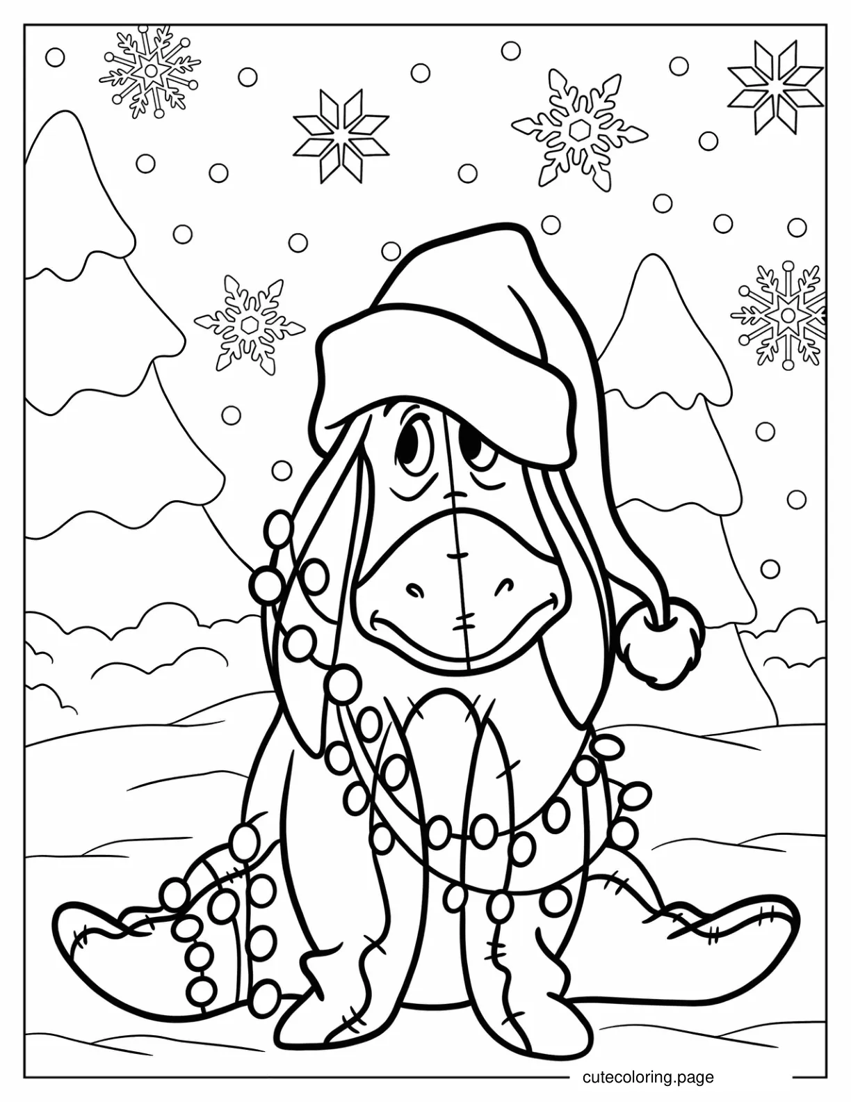 Eeyore In Santa Hat Covered In Christmas Light Coloring Page coloring page