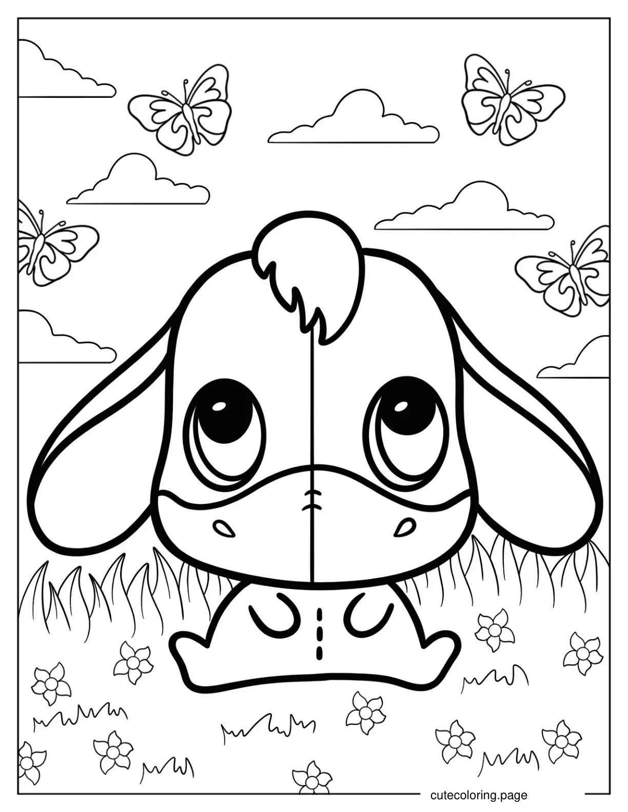 Kawaii Chibi Eeyore Sitting On Grass Coloring Page For Kids coloring page