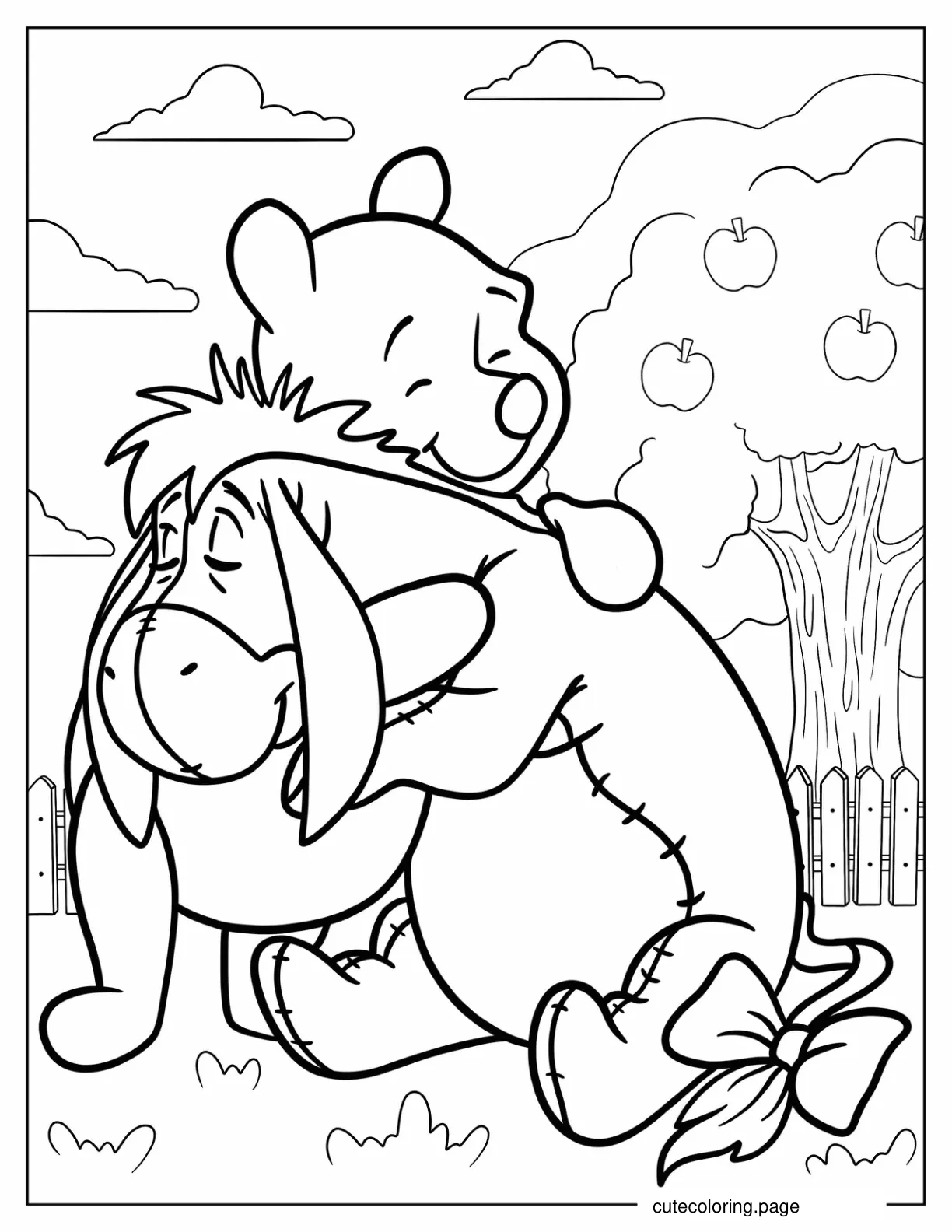 Pooh Hugging Eeyore Coloring Page For Kids coloring page