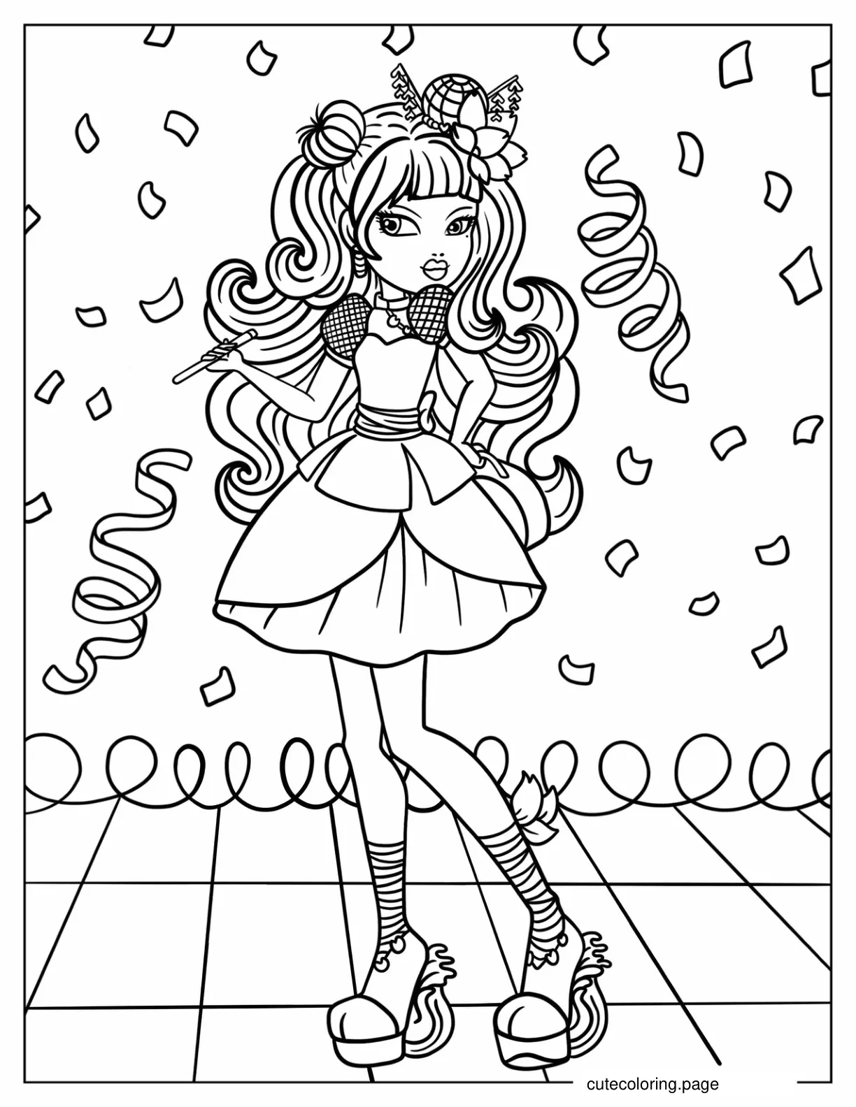 Ever After High Princess With Confetti In The Background Coloring Sheet For Kids coloring page