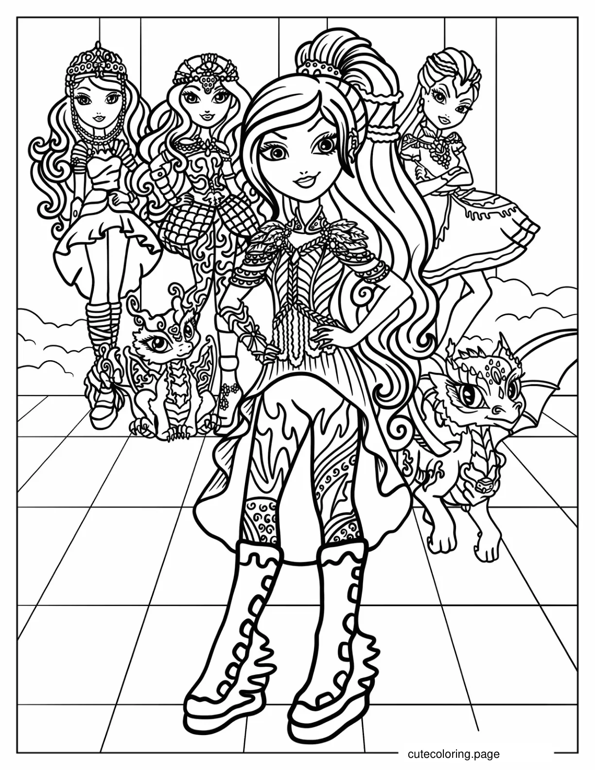 Ever After High Raven Queen Apple White And Darling Charming With Dragons  coloring page