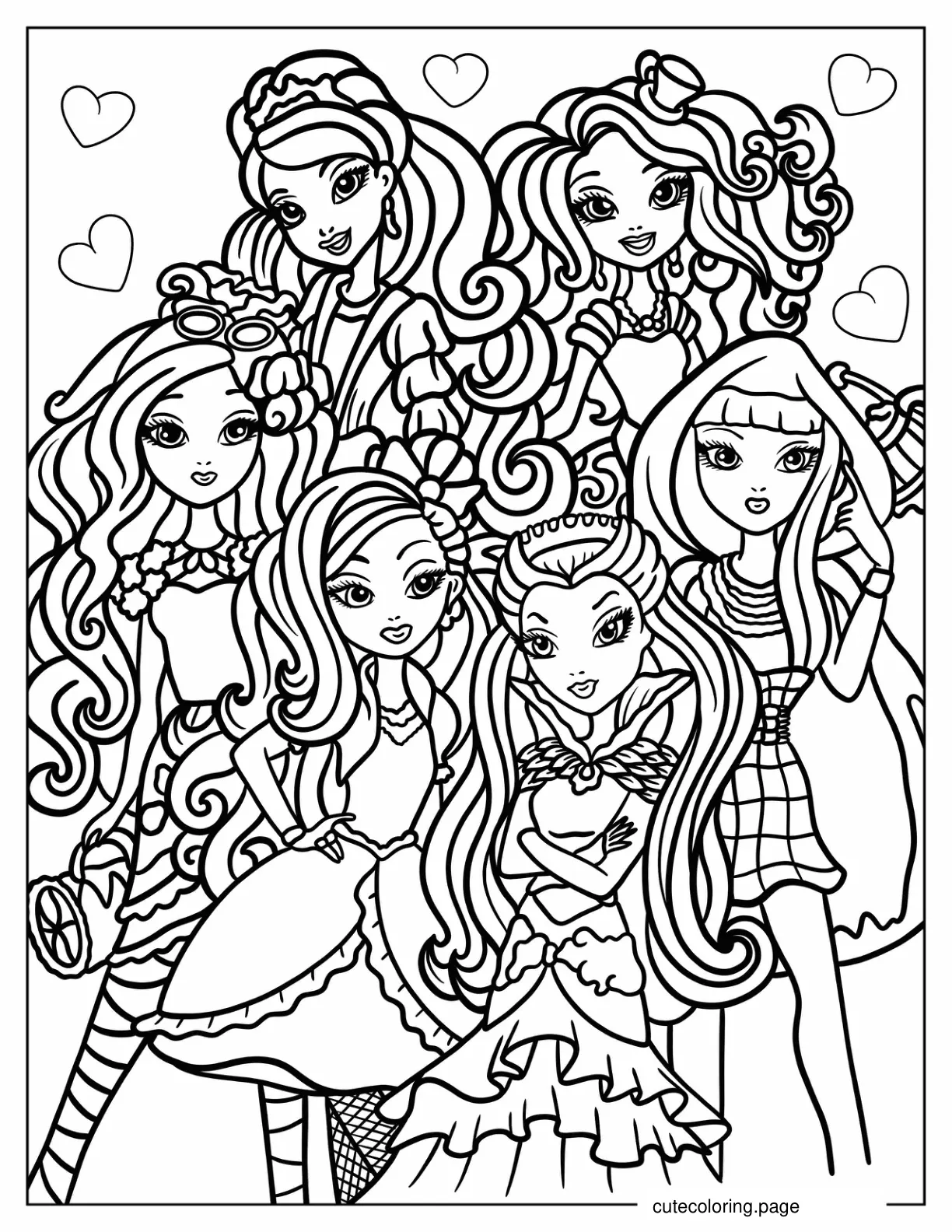 Ever After High Raven Queen Apple White Kitty Cheshire Madeline Hatter Briar Beauty Ashlynn Ella And Cerise Hood coloring page