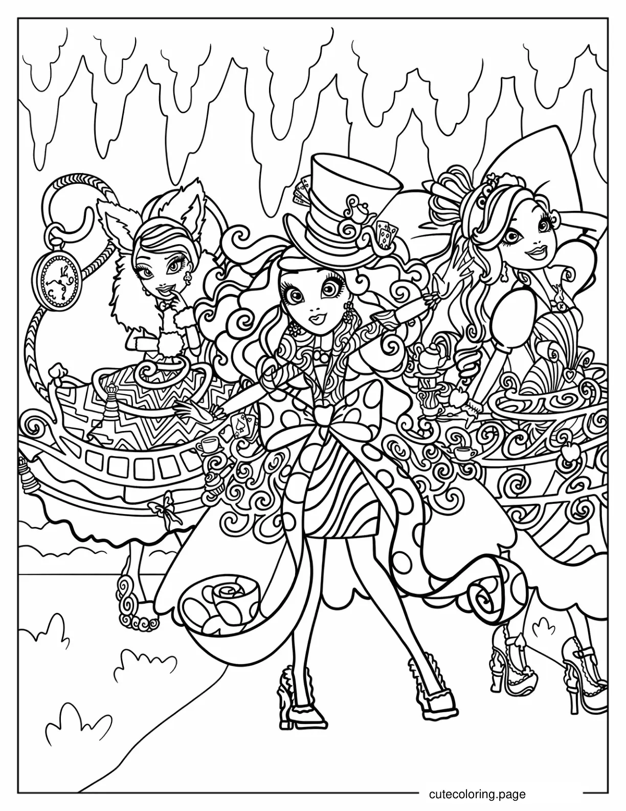 Madeline Hatter Kitty Cheshire And Apple White Ever After High Coloring Sheet coloring page