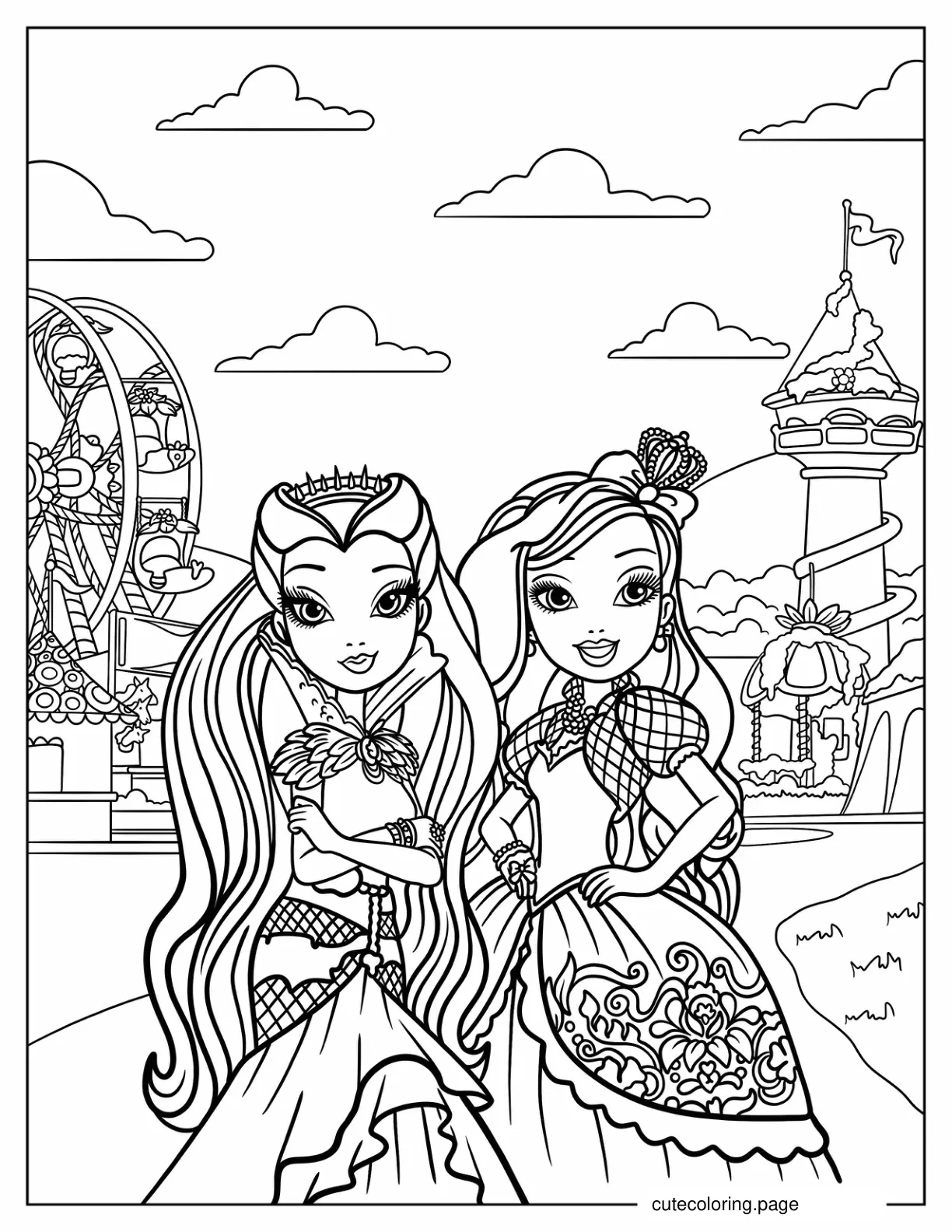 Raven Queen And Apple White In An Amusement Park Coloring Page coloring page