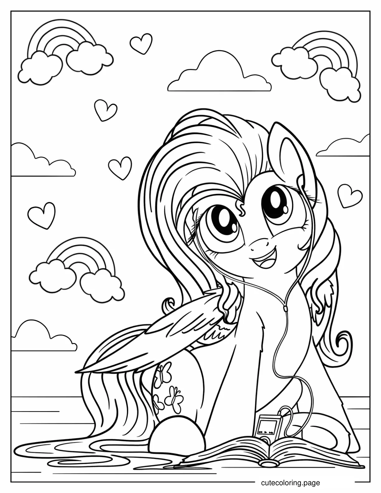 Detailed Fluttershy Listening To Music And Reading A Book coloring page