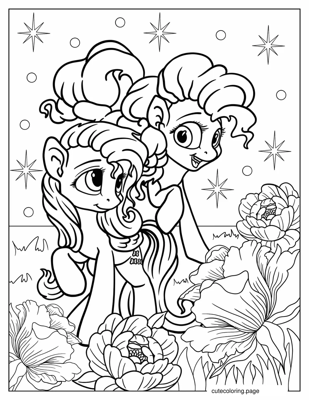 Detailed Fluttershy With Pinkie Pie With Flowers Coloring Page coloring page