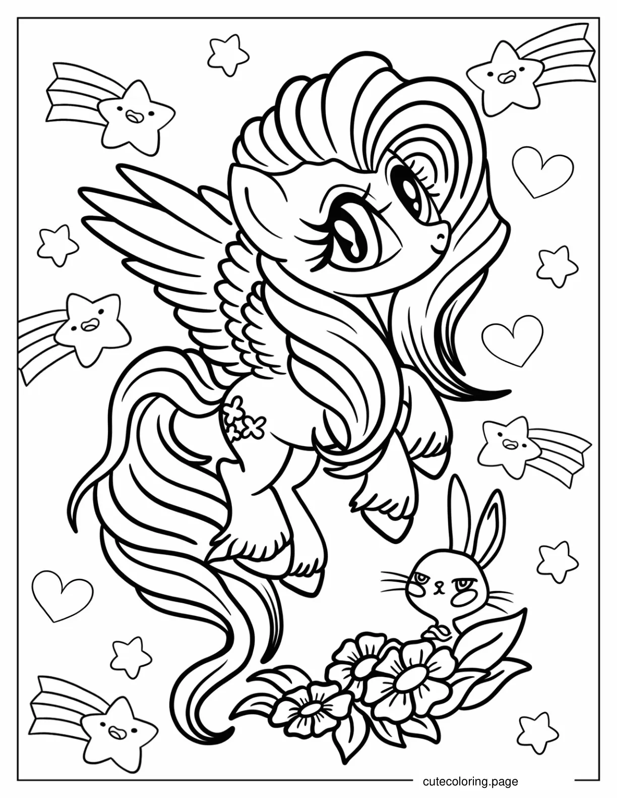 Fluttershy Flowing With Hearts And Shooting Stars Coloring Page coloring page