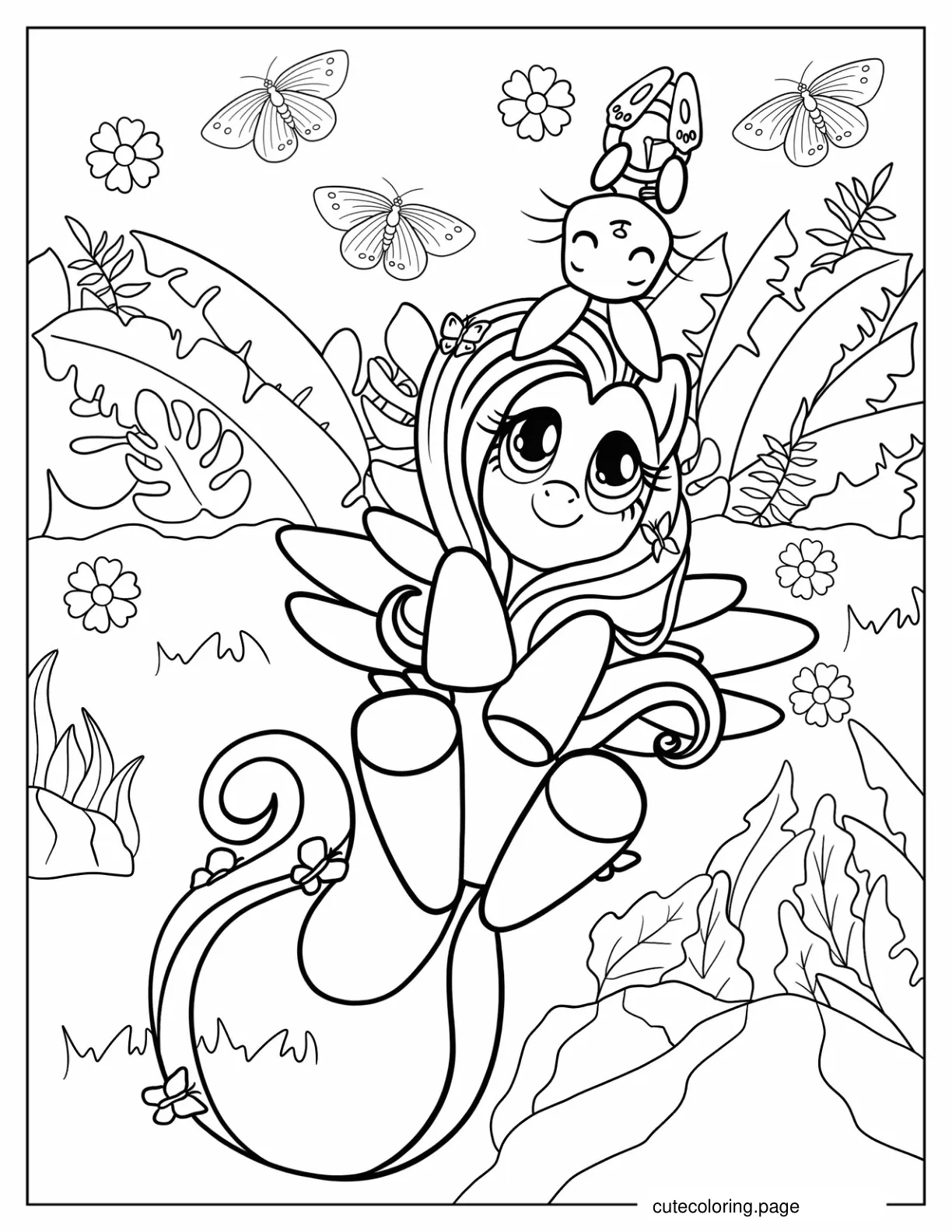 Fluttershy Lying On The Grass With A Bunny Coloring Page coloring page