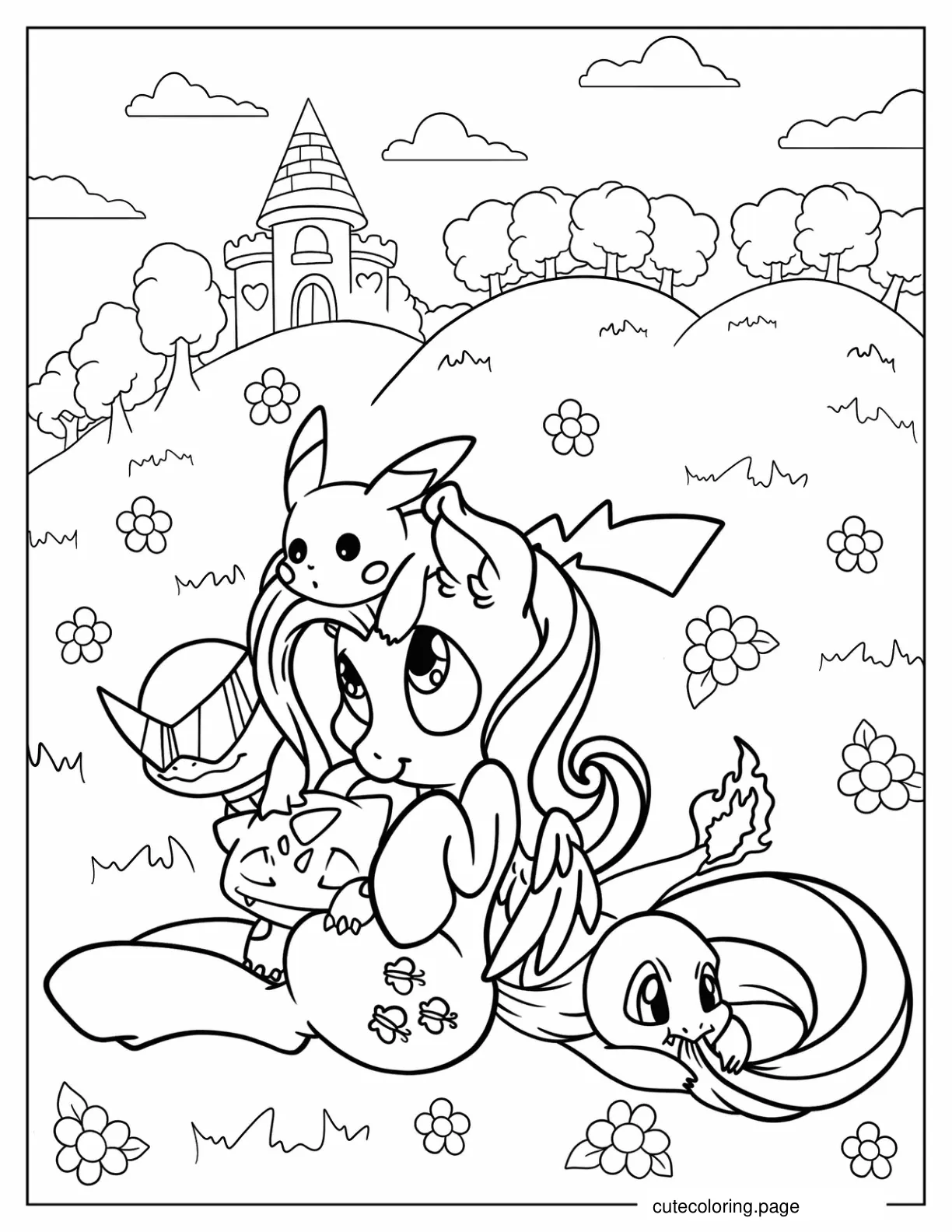 Fluttershy Playing With Pikachu Charmander And Bulbasaur Coloring Sheet coloring page