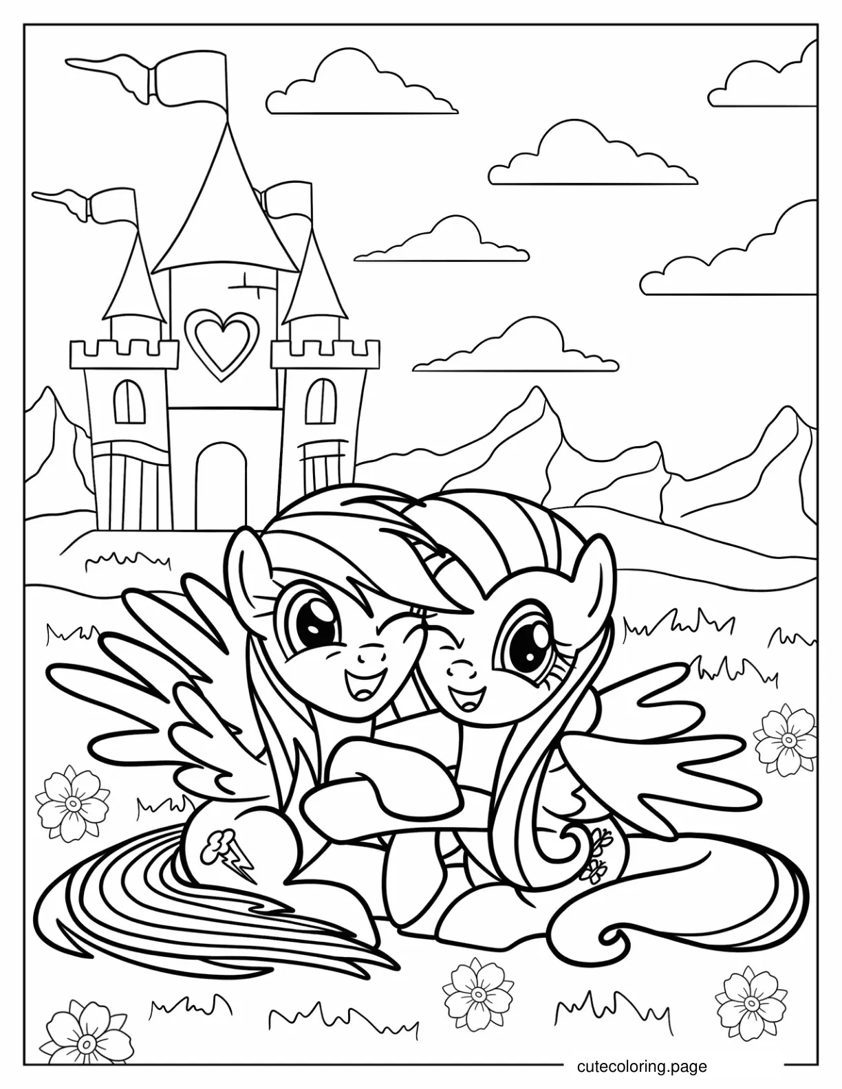 Rainbow Dash And Fluttershy Hugging On A Flower Field coloring page