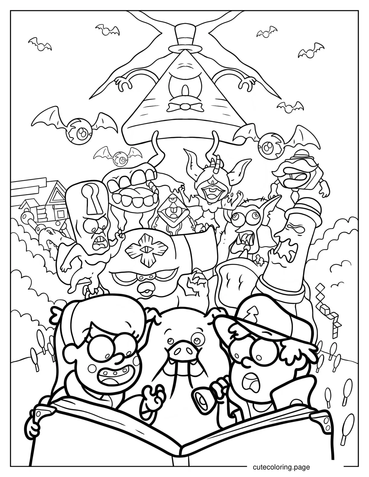 Dipper Mabel And Waddles Reading Bill_s Journal With Creatures In Background coloring page