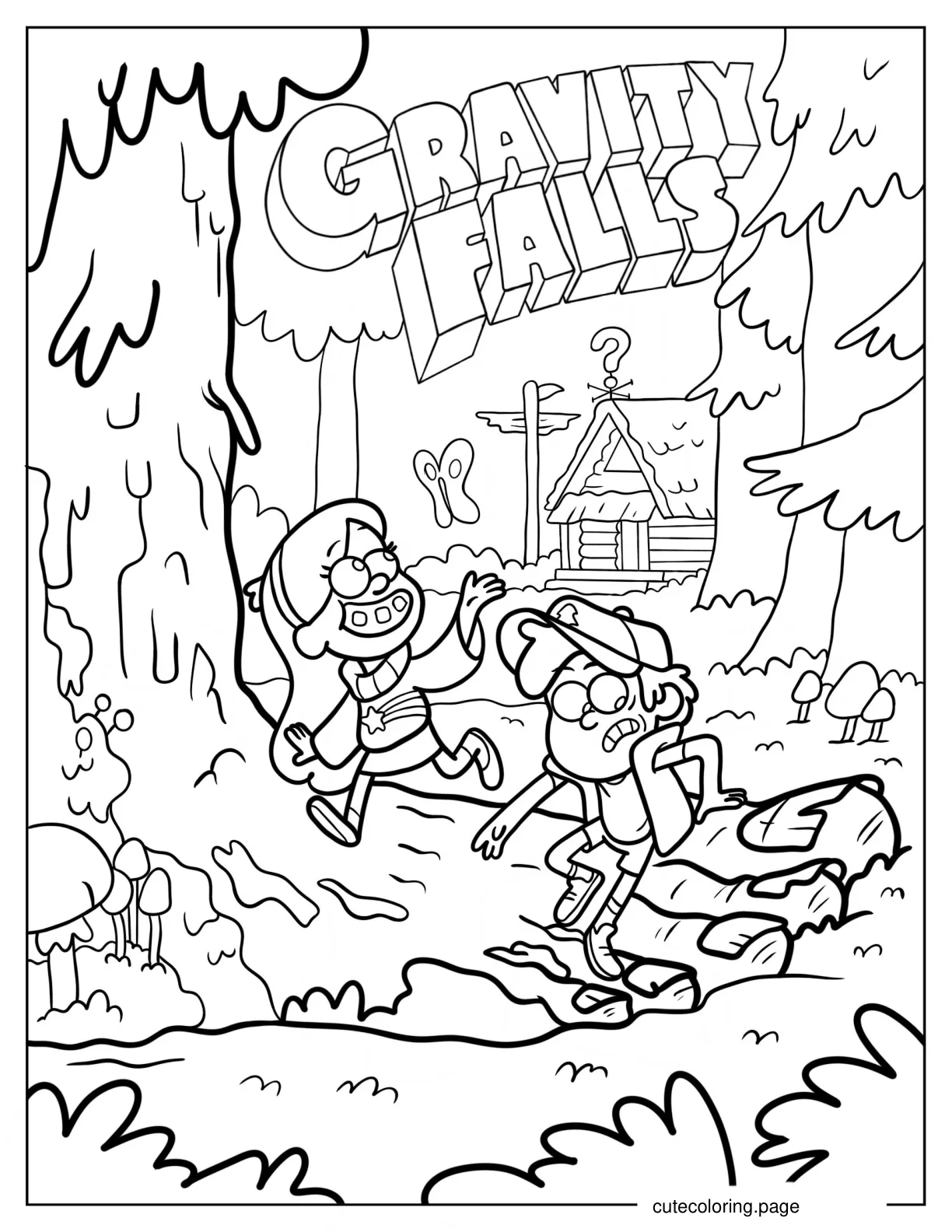 Gravity Falls Dipper And Mabel Stepping Over Giant Foot Coloring Sheet coloring page