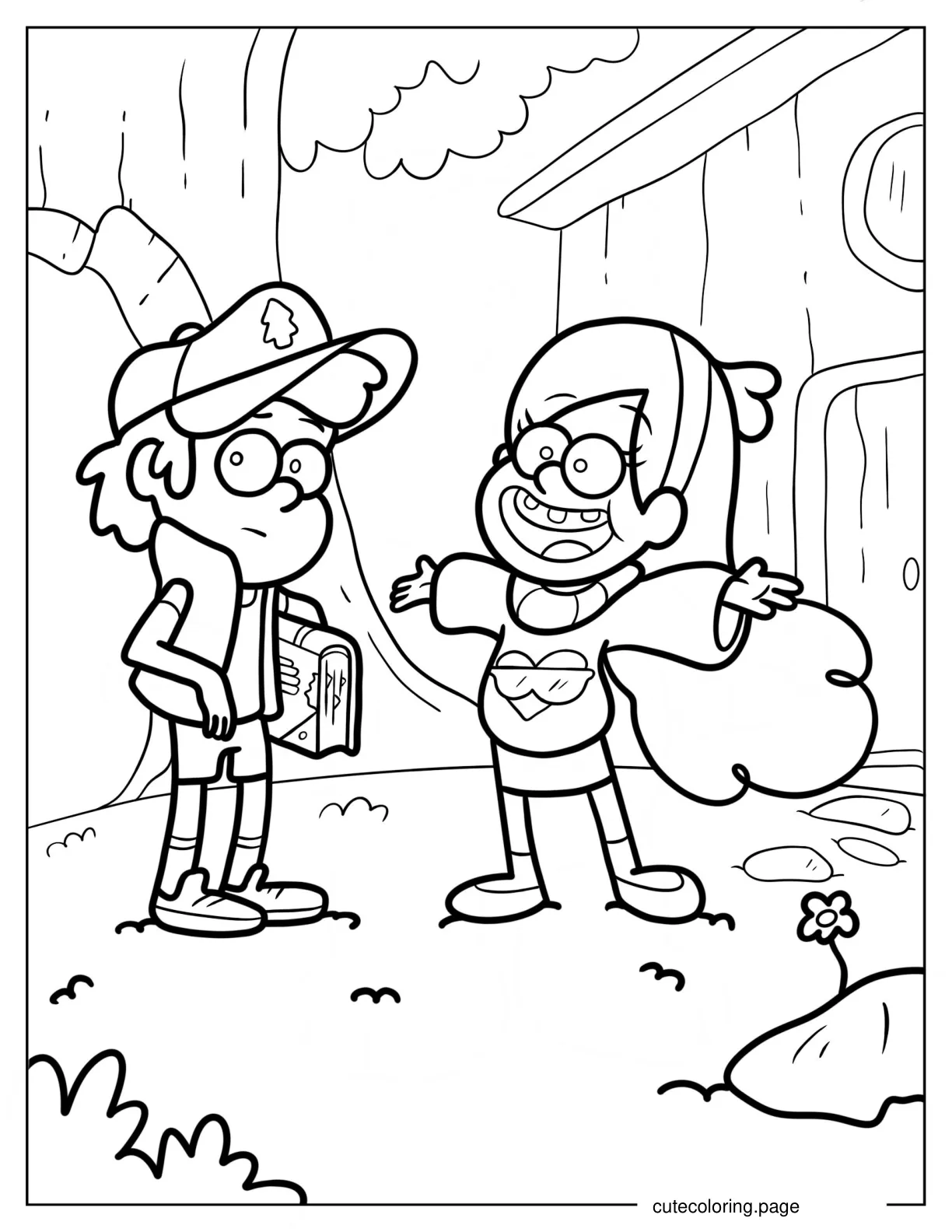 Mabel And Dipper Pines Outside Cottage Coloring Sheet coloring page