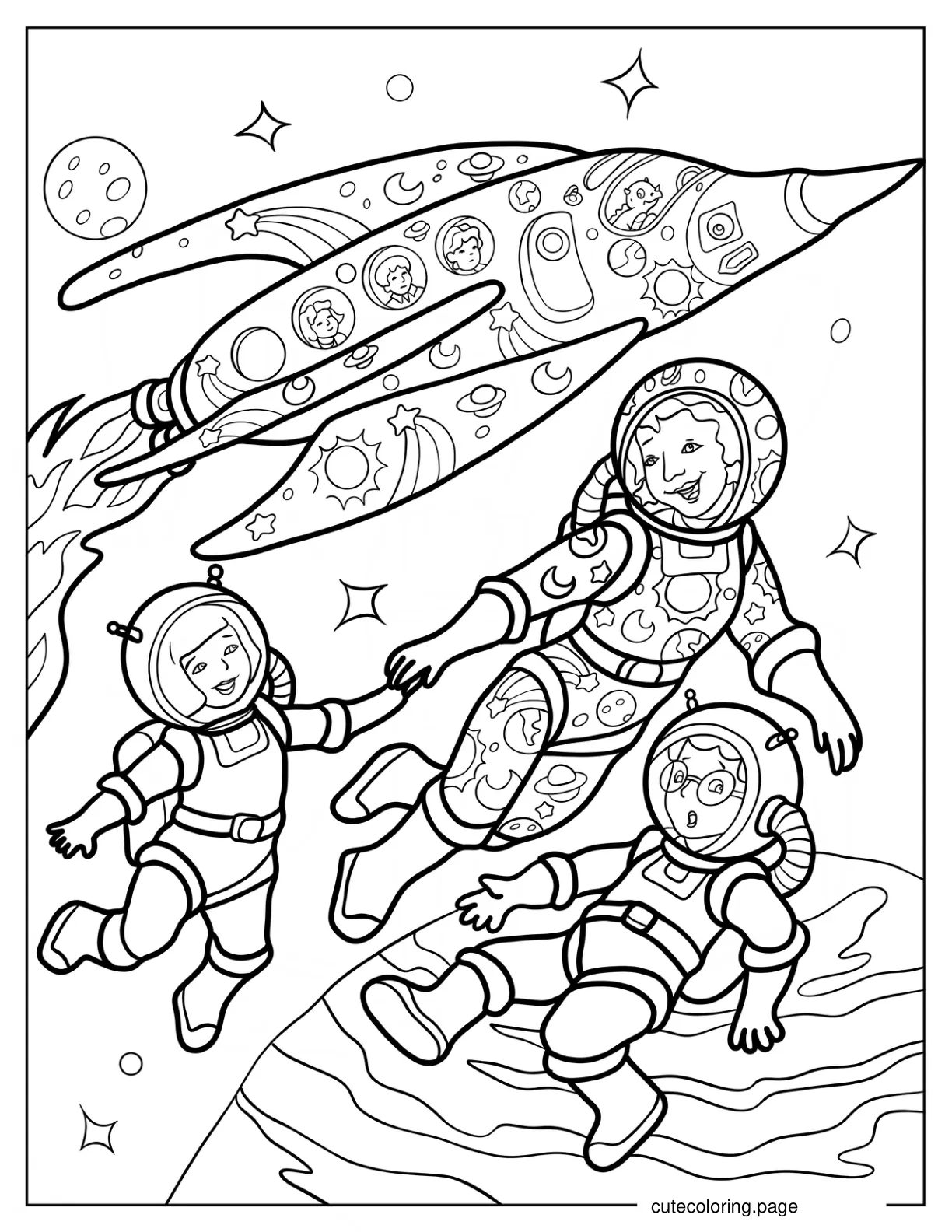 Detailed Ms. Frizzle With Wanda And Janet In Space Suits Coloring Page coloring page