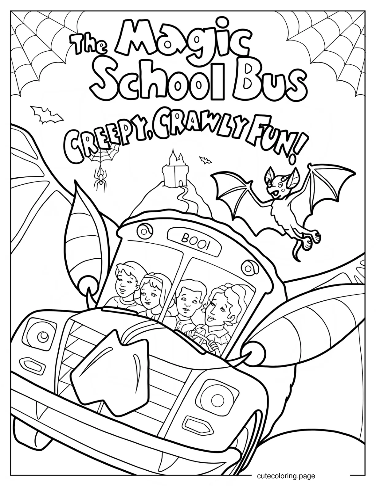 Halloween Magic School Bus With Ms. Frizzle Ralphie Anne And Tim Coloring Page coloring page