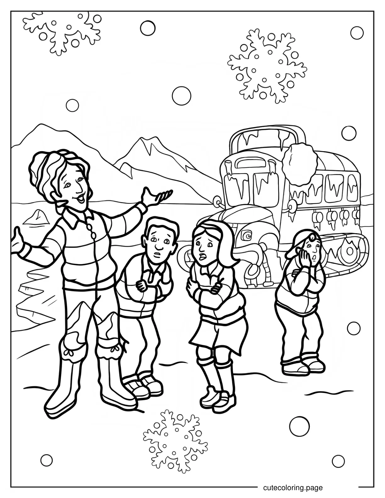 Magic School Bus Ms. Frizzle Tim Ralphie And Phoebe In The North Pole Coloring Page coloring page