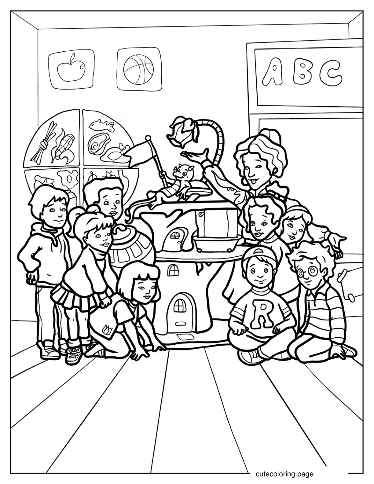 Magic School Bus Students With Ms. Frizzle And Liz In The Classroom coloring page